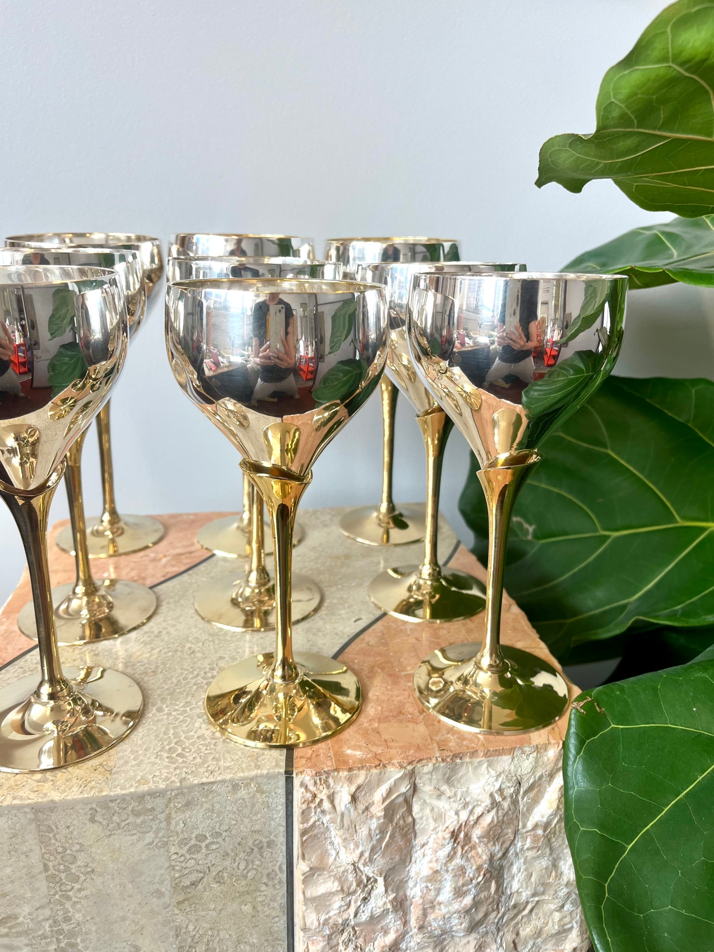 Vintage Brass and Silverplate Tulip Stem Wine Goblets