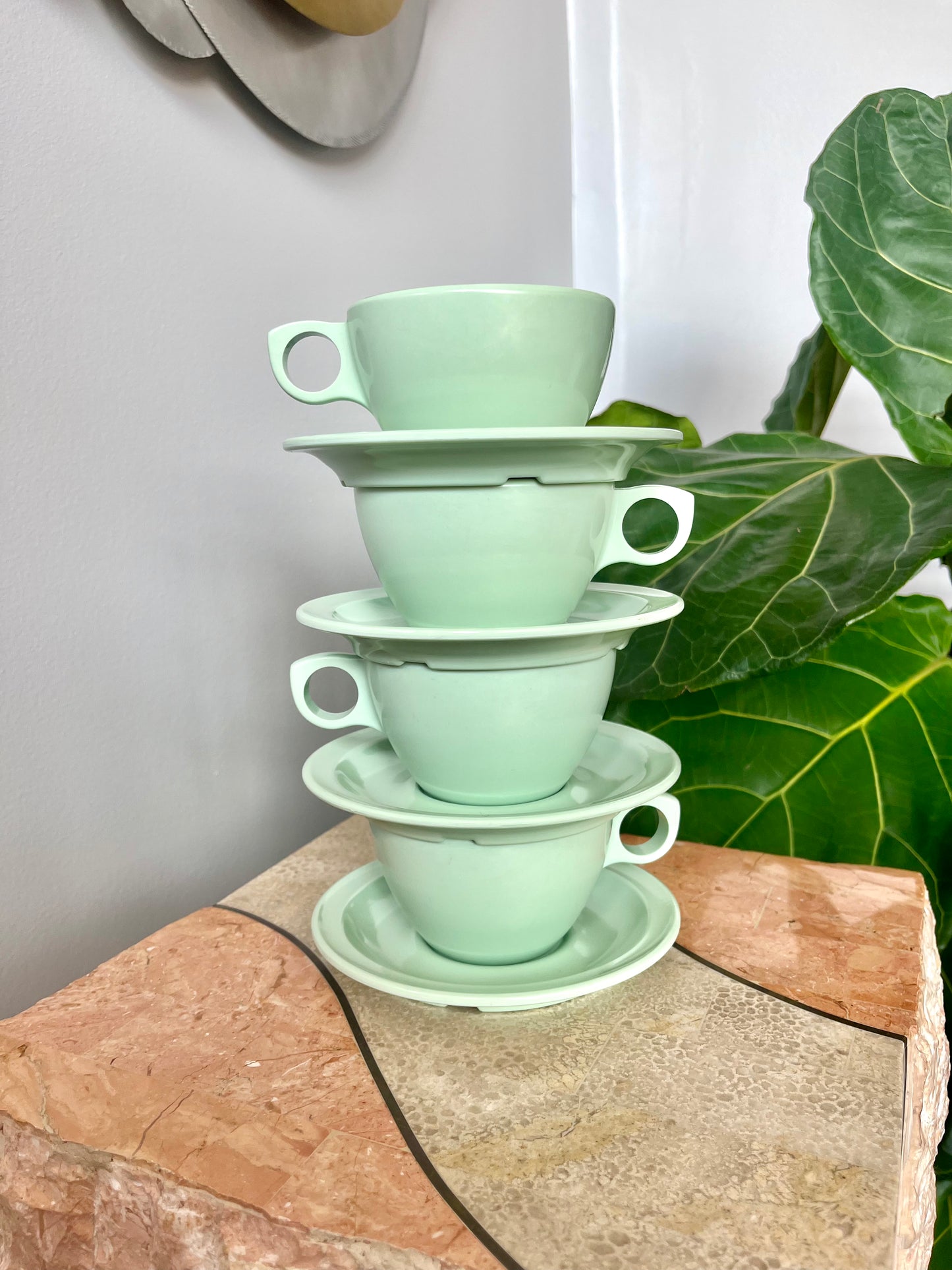 Vintage Mint Green Melmac Picnic Set: Cups and Saucers & Lunch Plates