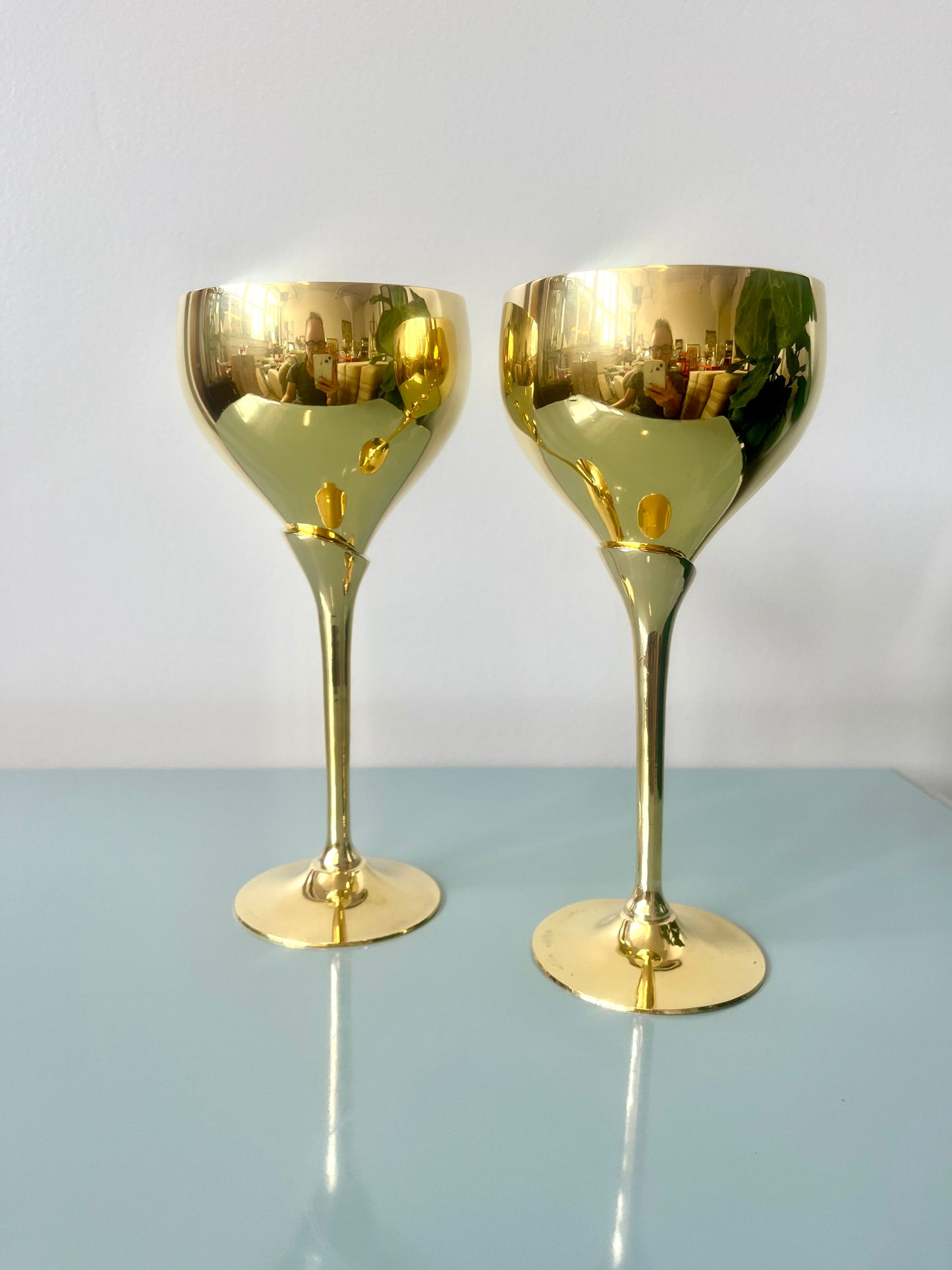 Vintage Solid Brass Tulip Stem Wine Goblets