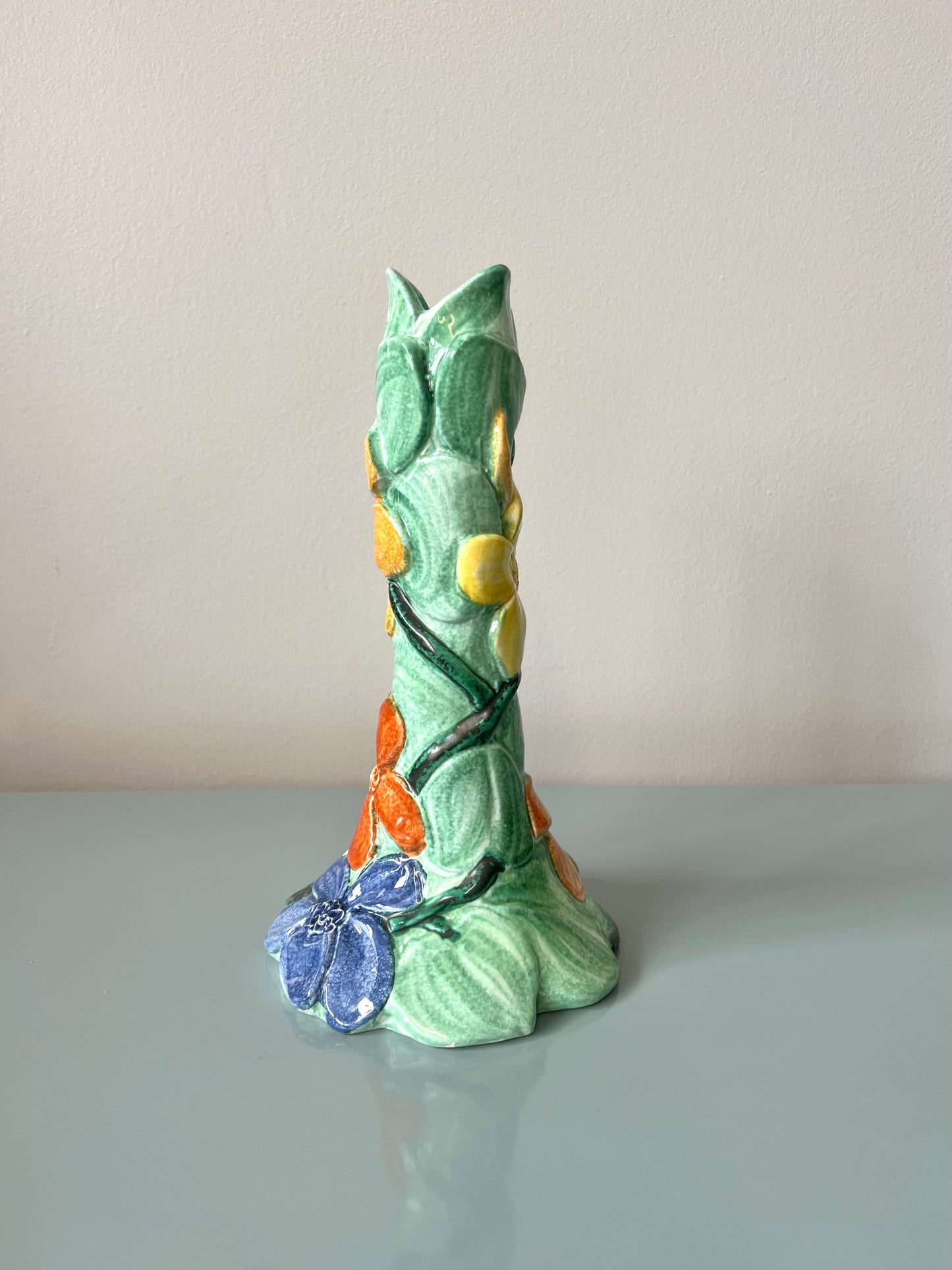 Vintage Italian Ceramic Handpainted Floral Candlestick