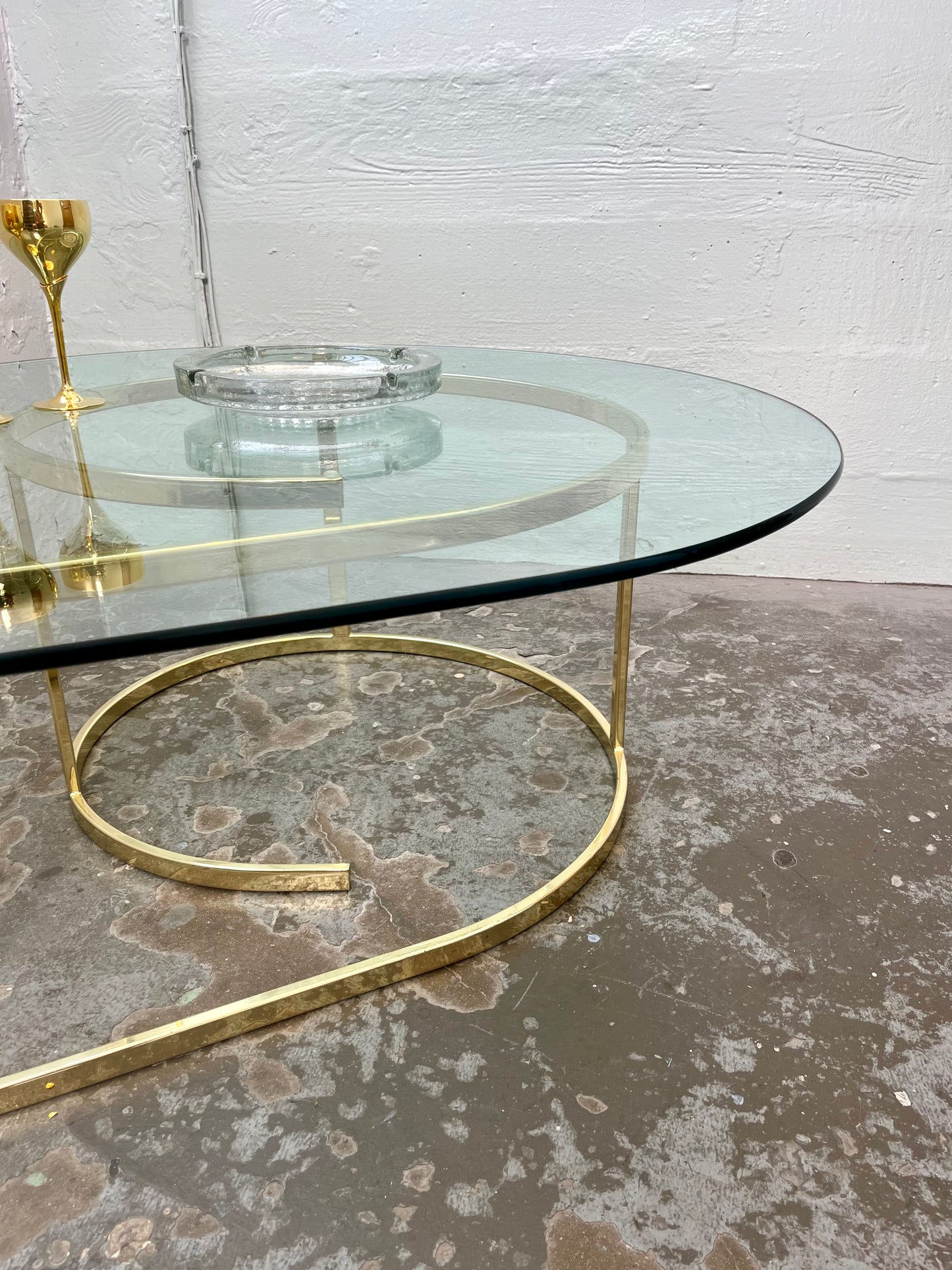 Vintage Hollywood Regency Teardrop Glass and Brass Coffee Table