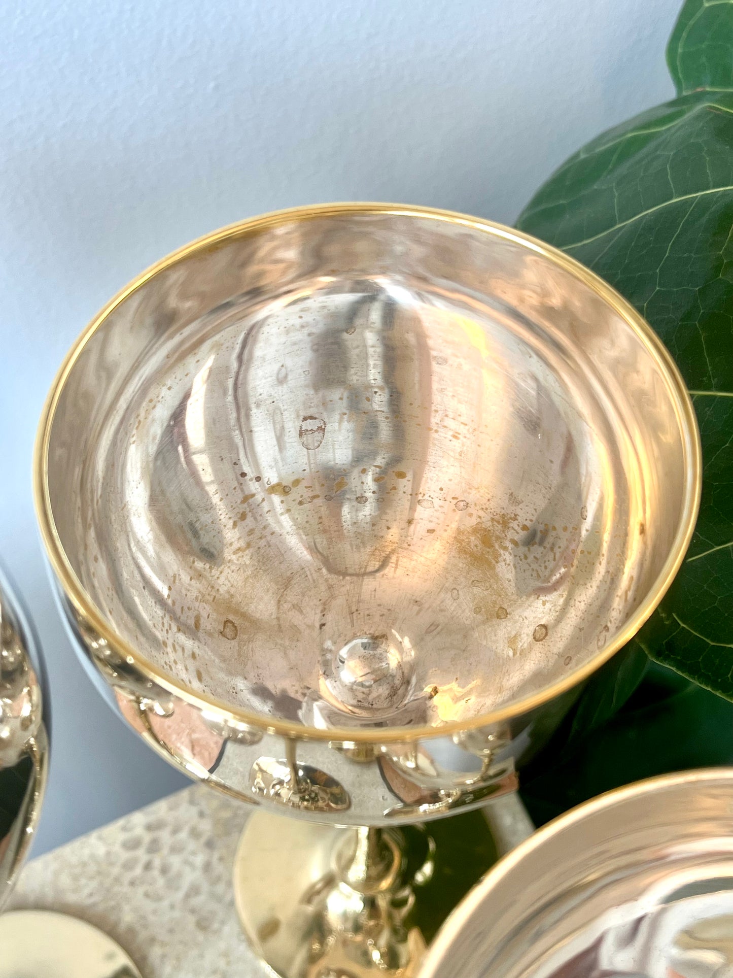 Vintage Brass and Silverplate Tulip Stem Wine Goblets