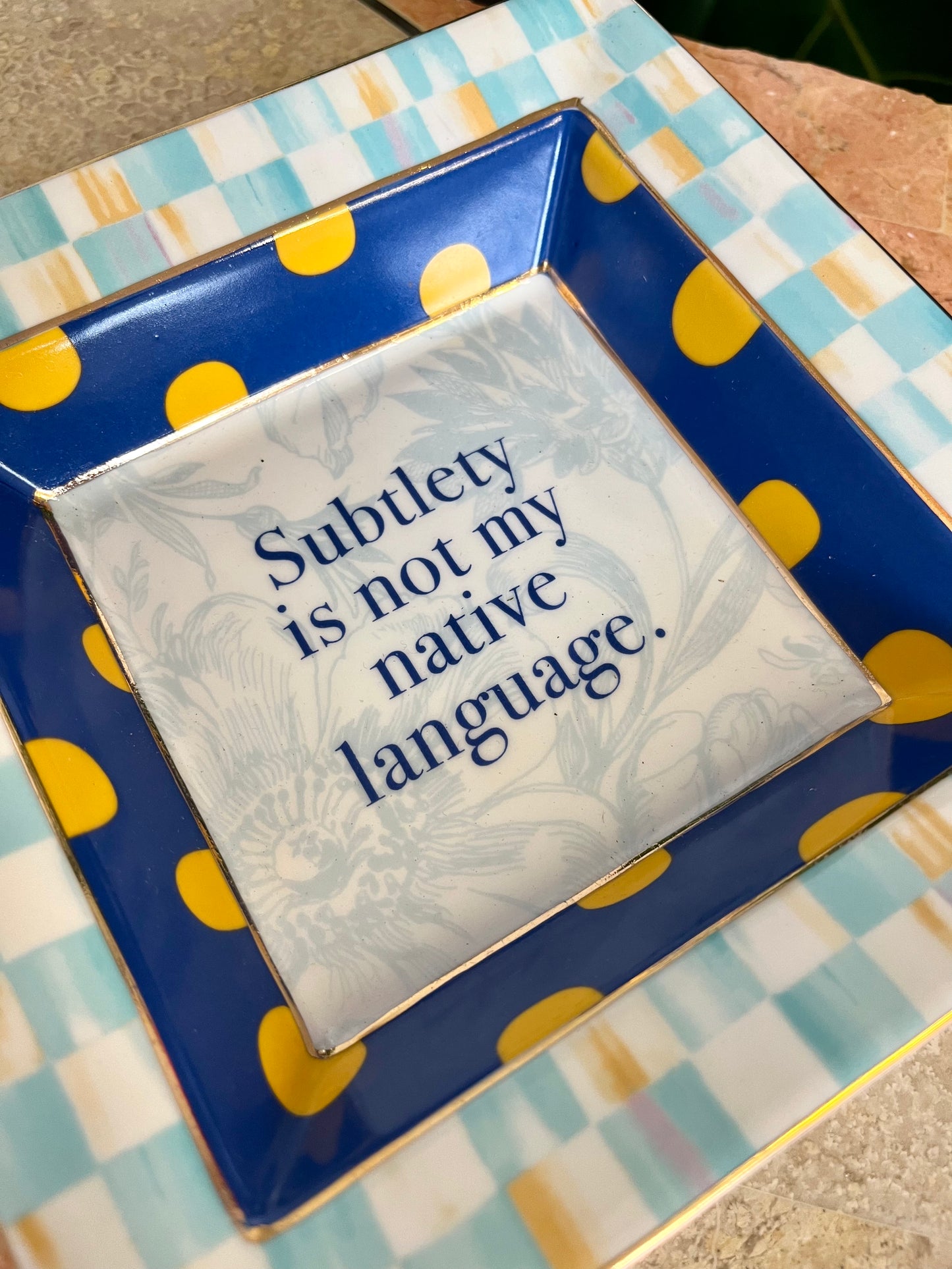 Vintage MacKenzie-Child’s “Subtlety is not my native language” Novelty Trinket Dish