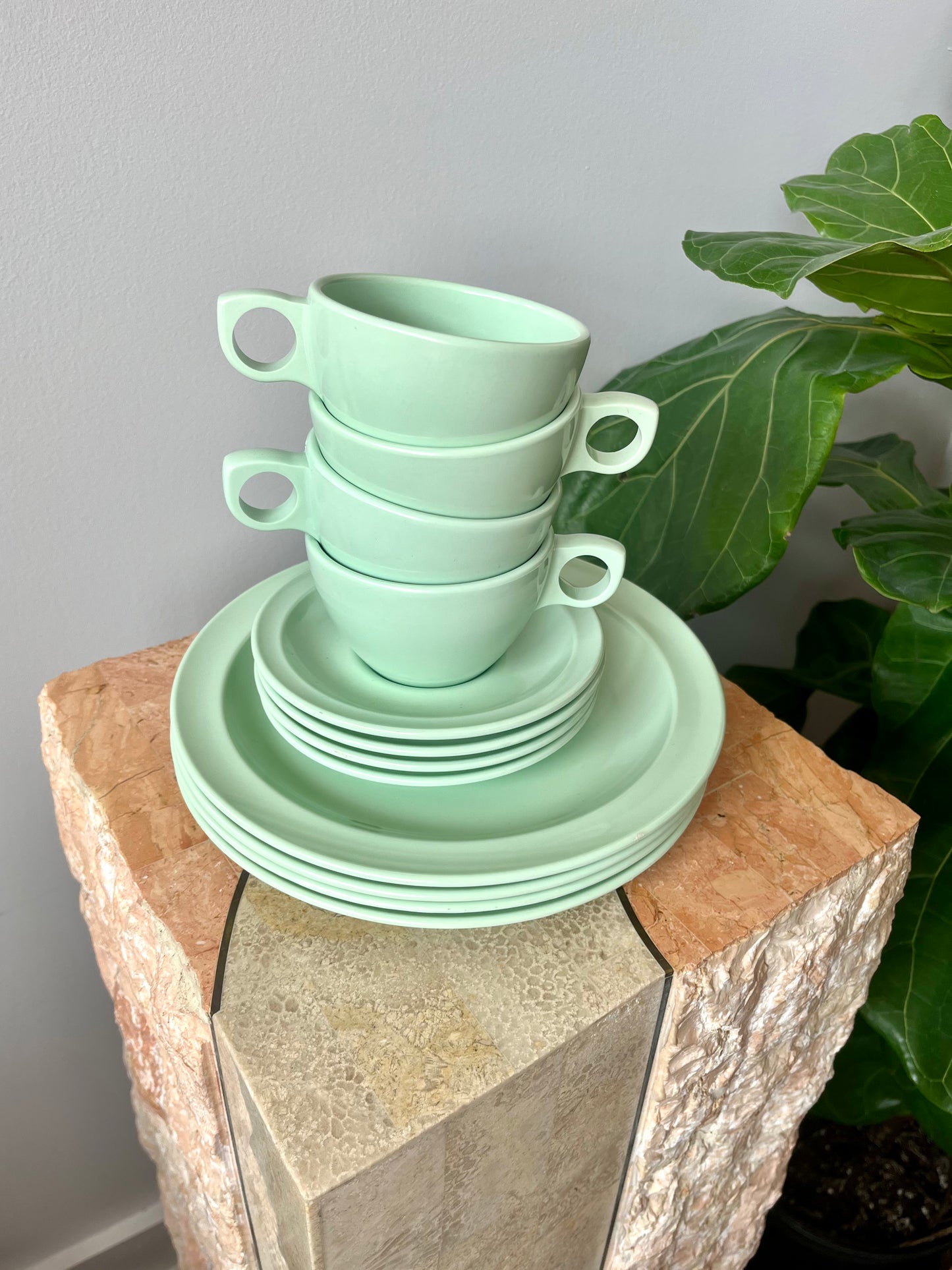 Vintage Mint Green Melmac Picnic Set: Cups and Saucers & Lunch Plates