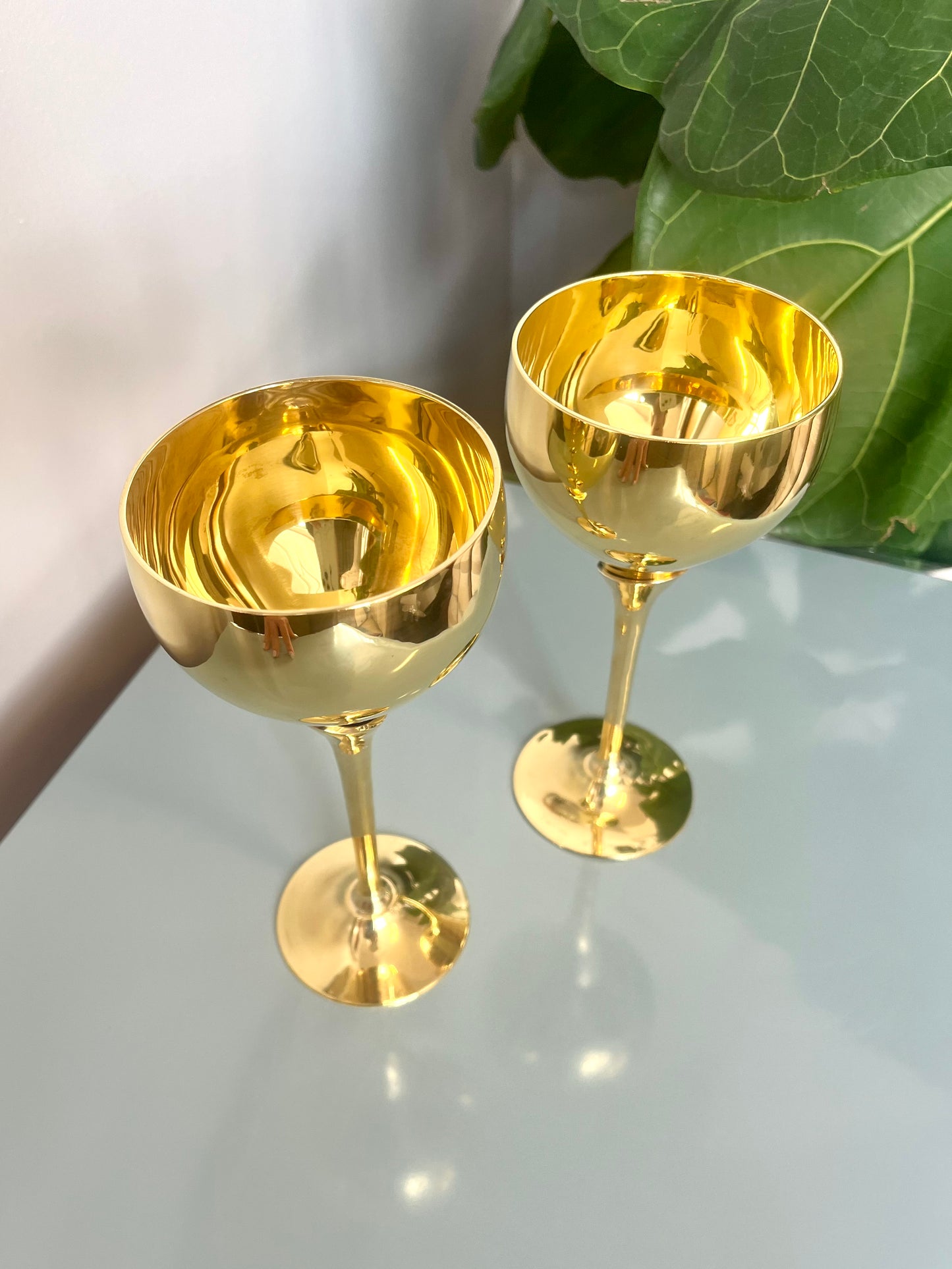 Vintage Solid Brass Tulip Stem Wine Goblets