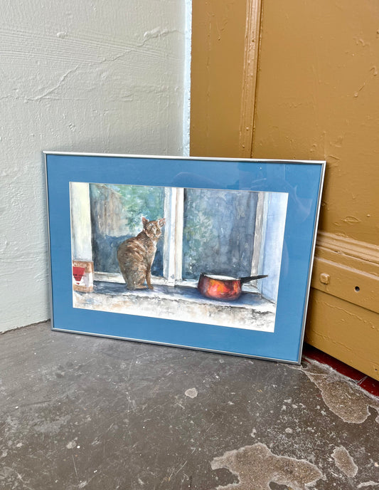 Framed and Signed Cat in Windowsill Watercolor