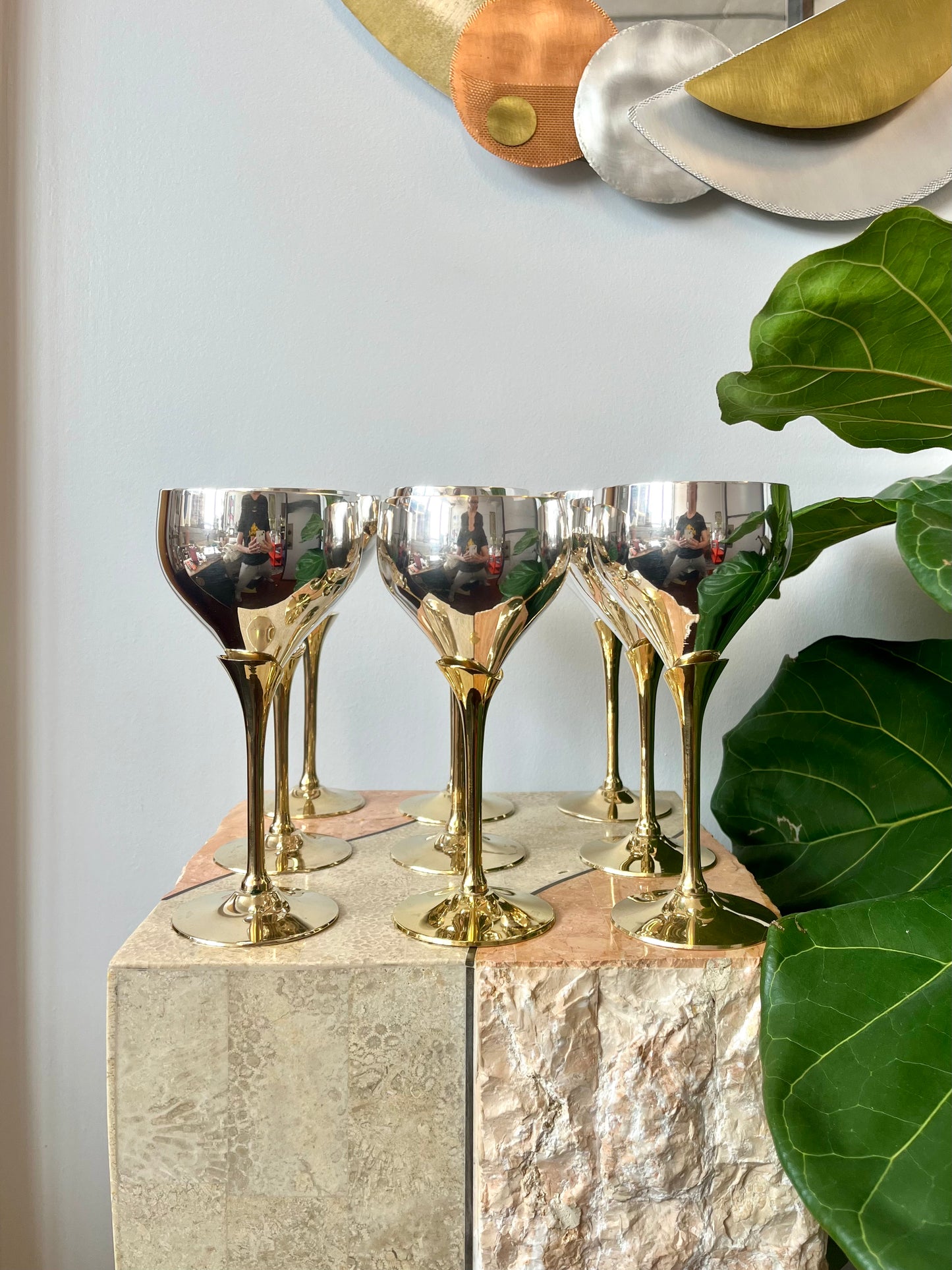 Vintage Brass and Silverplate Tulip Stem Wine Goblets