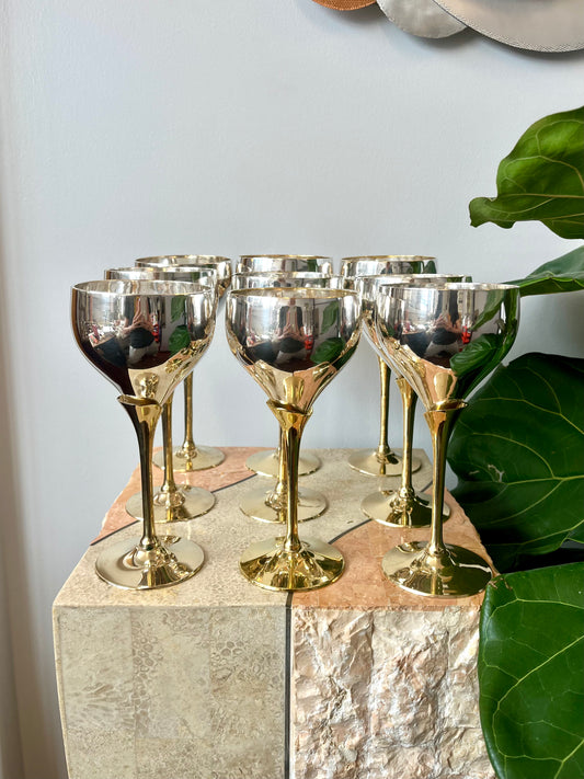 Vintage Brass and Silverplate Tulip Stem Wine Goblets