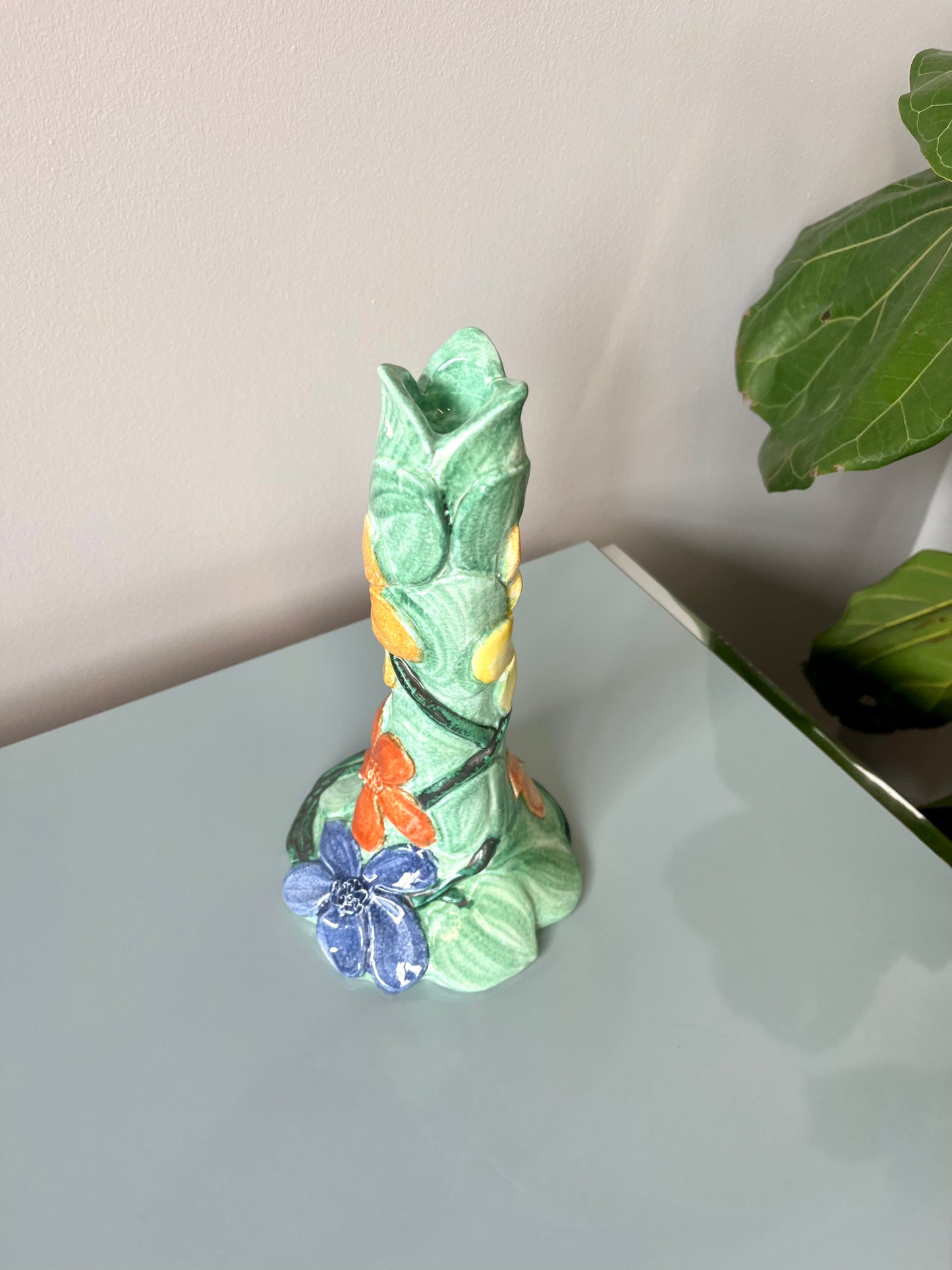 Vintage Italian Ceramic Handpainted Floral Candlestick