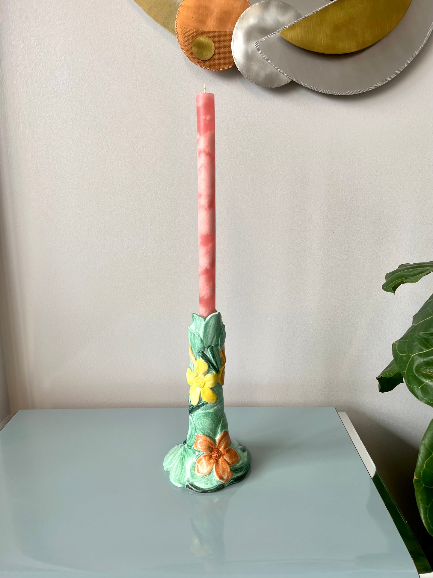 Vintage Italian Ceramic Handpainted Floral Candlestick