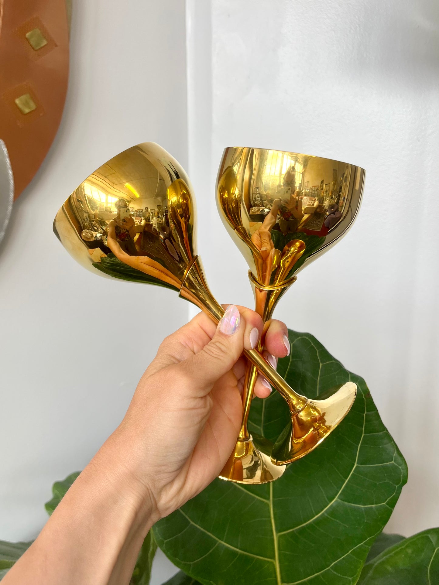 Vintage Solid Brass Tulip Stem Wine Goblets