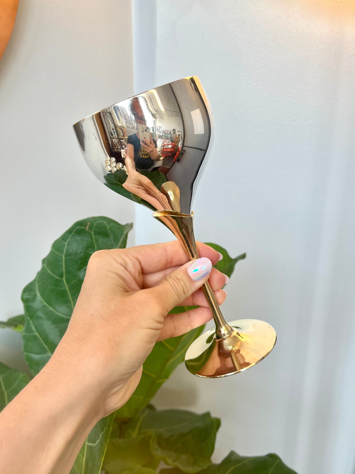 Vintage Brass and Silverplate Tulip Stem Wine Goblets