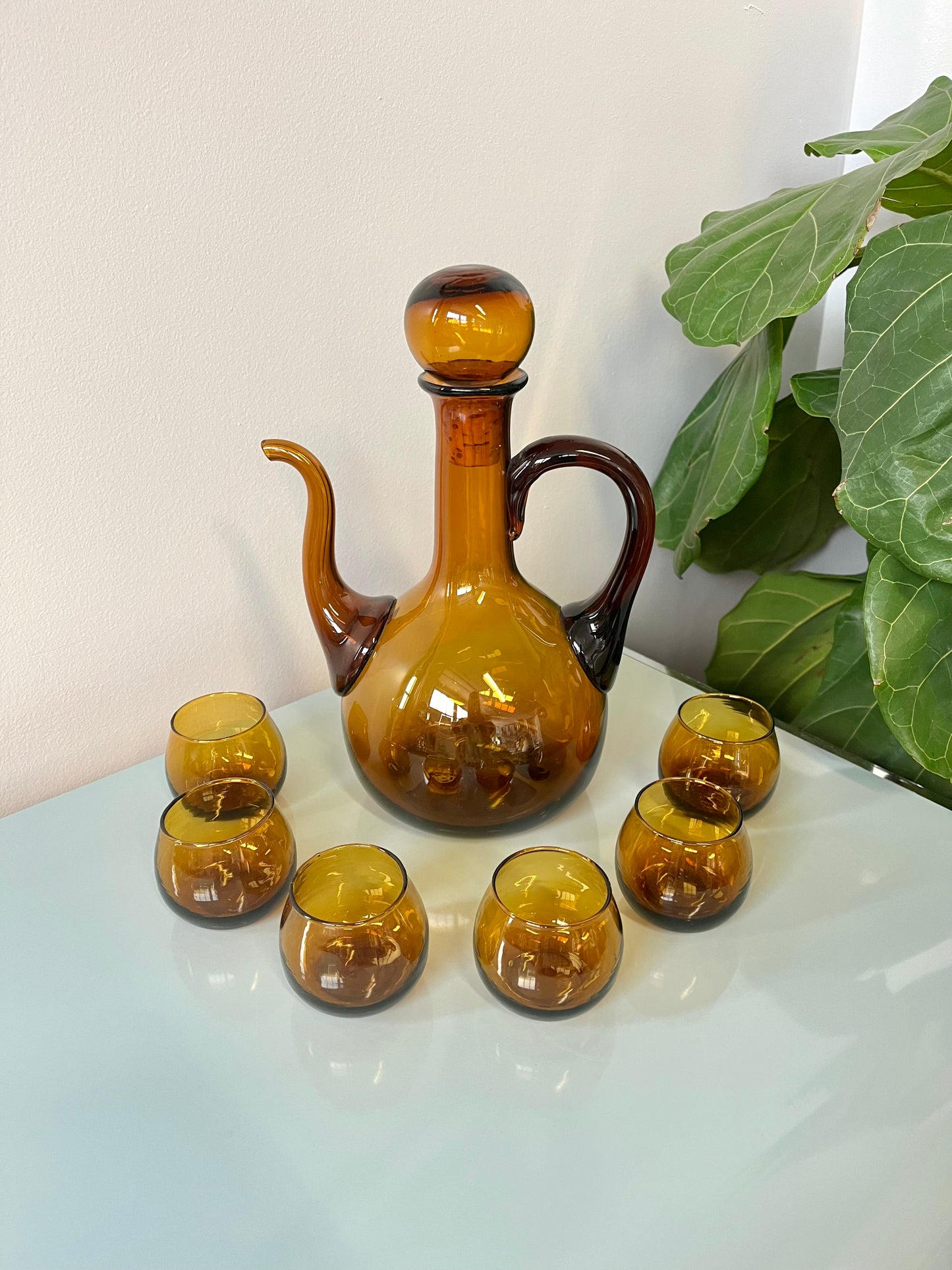 Vintage MCM Handblown Amber Glass Decanter and Cordial Set