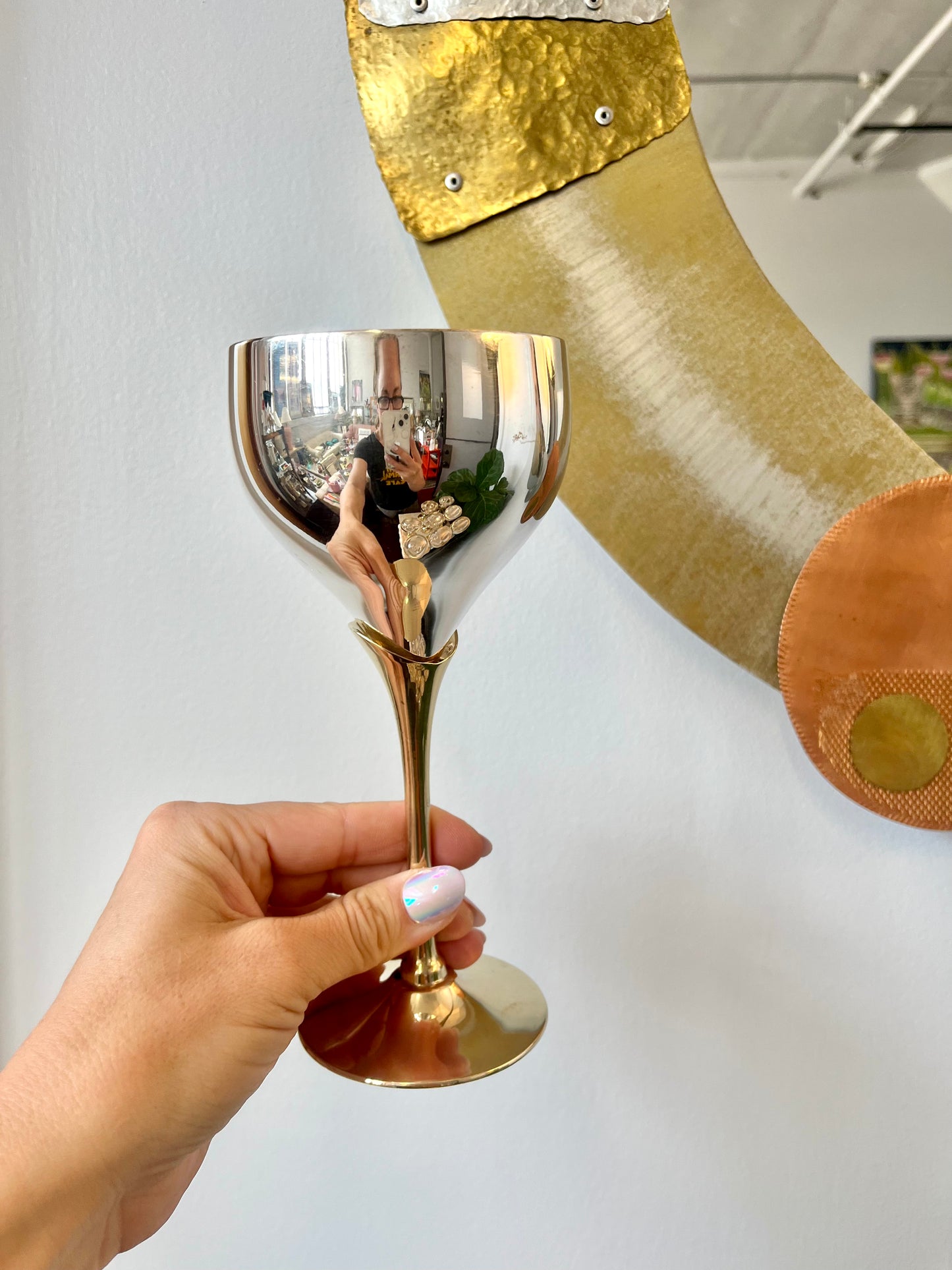 Vintage Brass and Silverplate Tulip Stem Wine Goblets