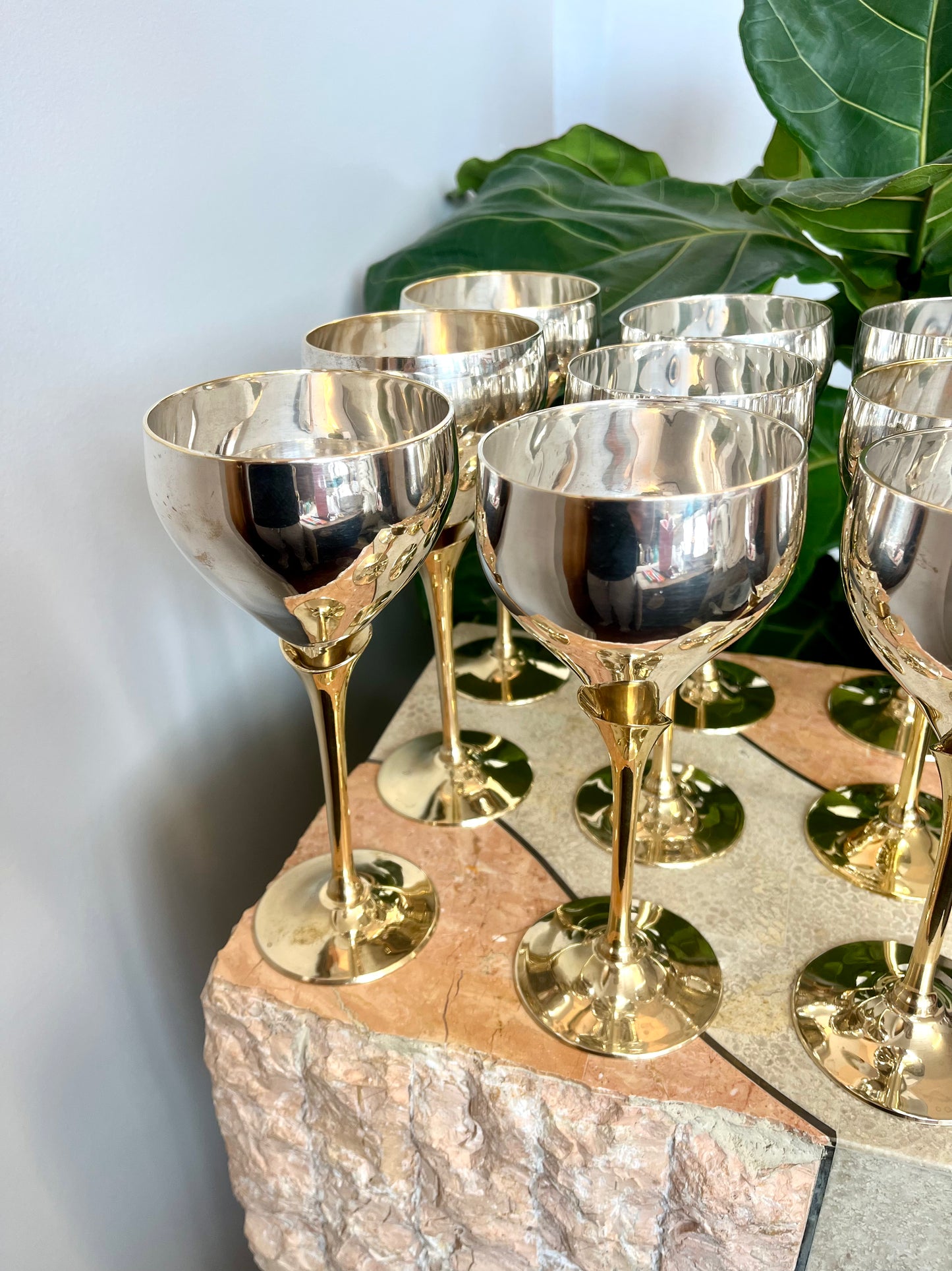 Vintage Brass and Silverplate Tulip Stem Wine Goblets