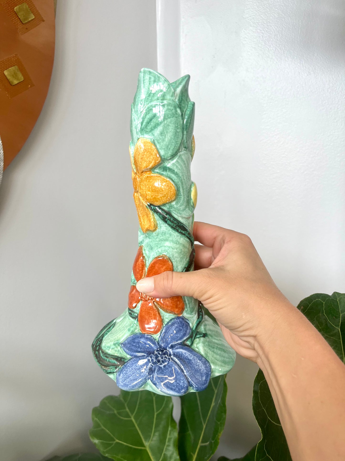 Vintage Italian Ceramic Handpainted Floral Candlestick