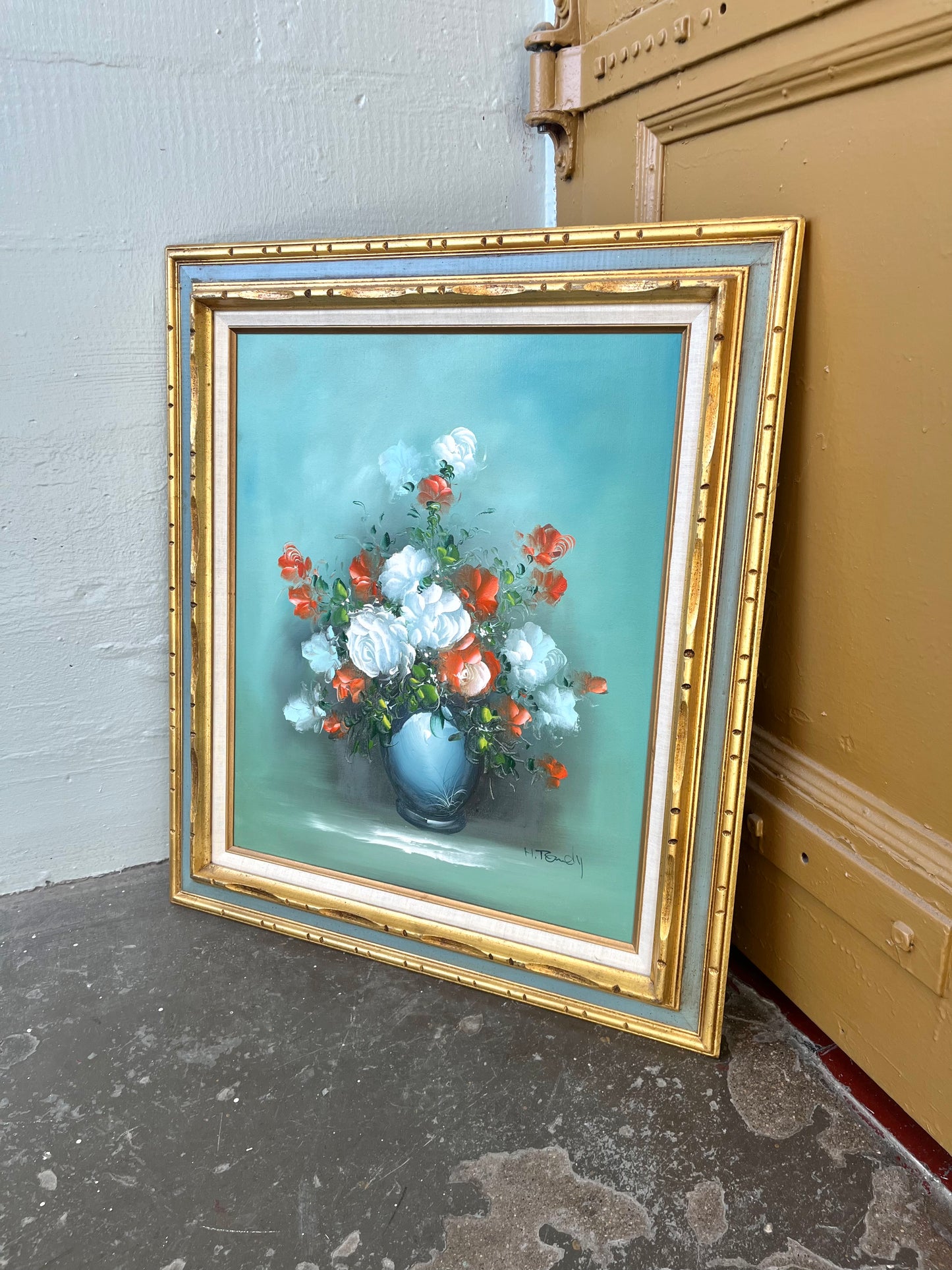 Vintage Carved Wood Framed Floral Oil Painting