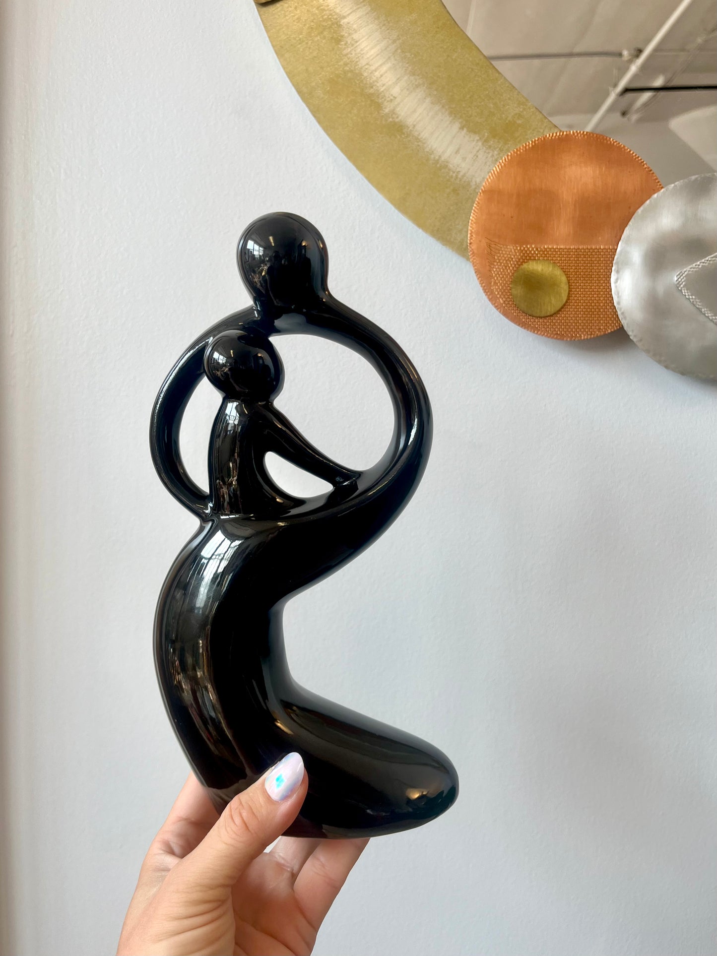 Vintage 1999 Black Ceramic Mother and Child Figurine