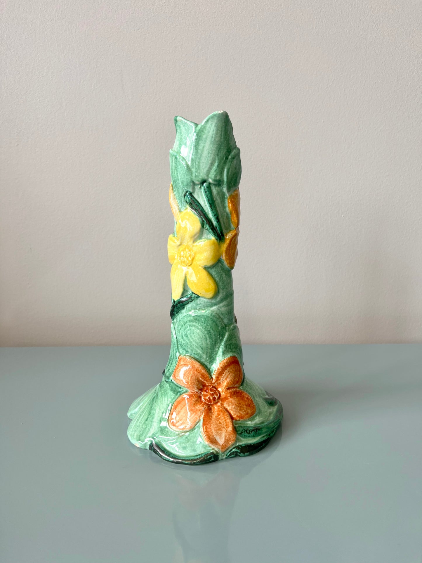 Vintage Italian Ceramic Handpainted Floral Candlestick