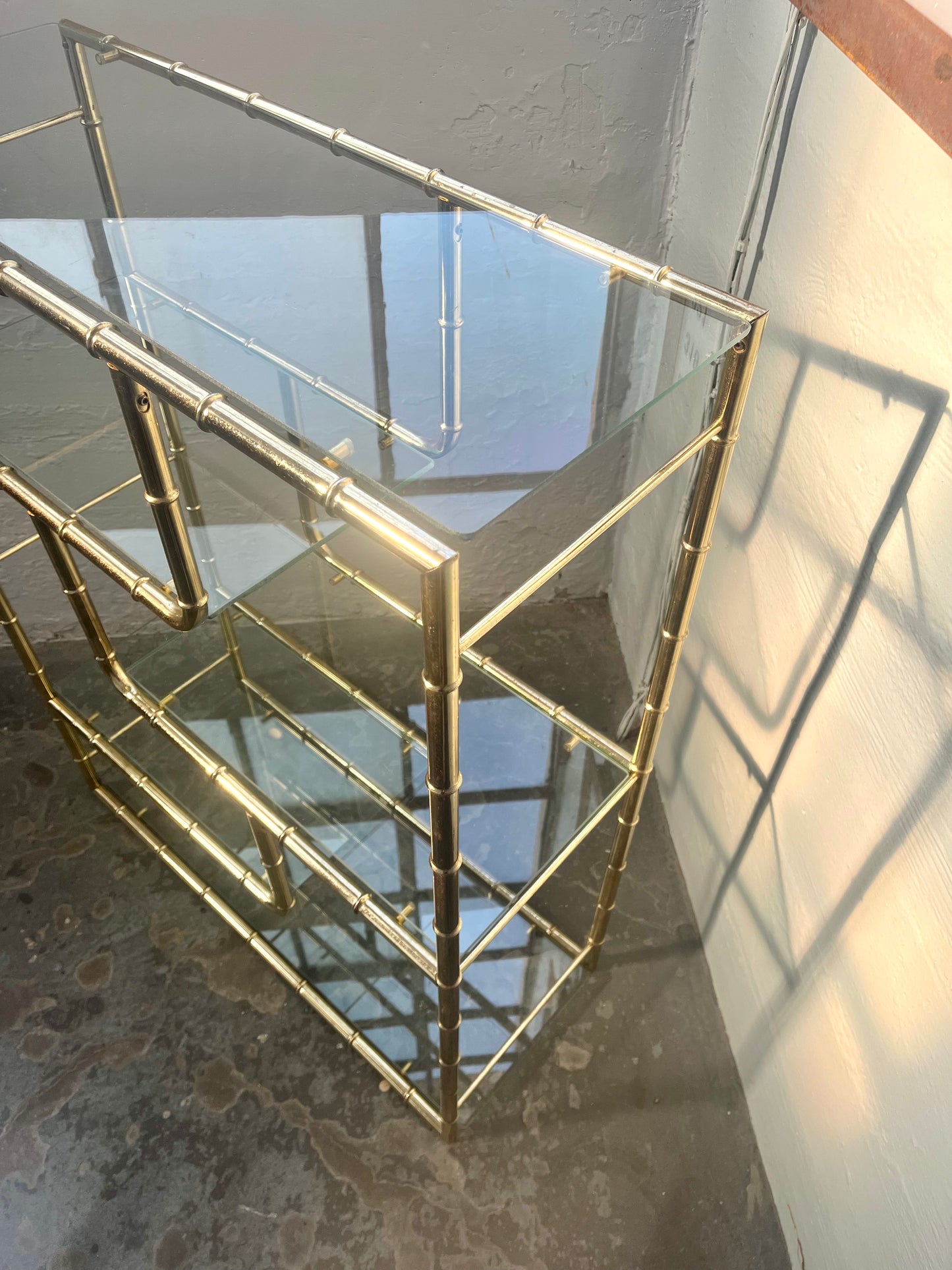 Vintage Faux Bamboo Five-tier Brass and Glass Etagere