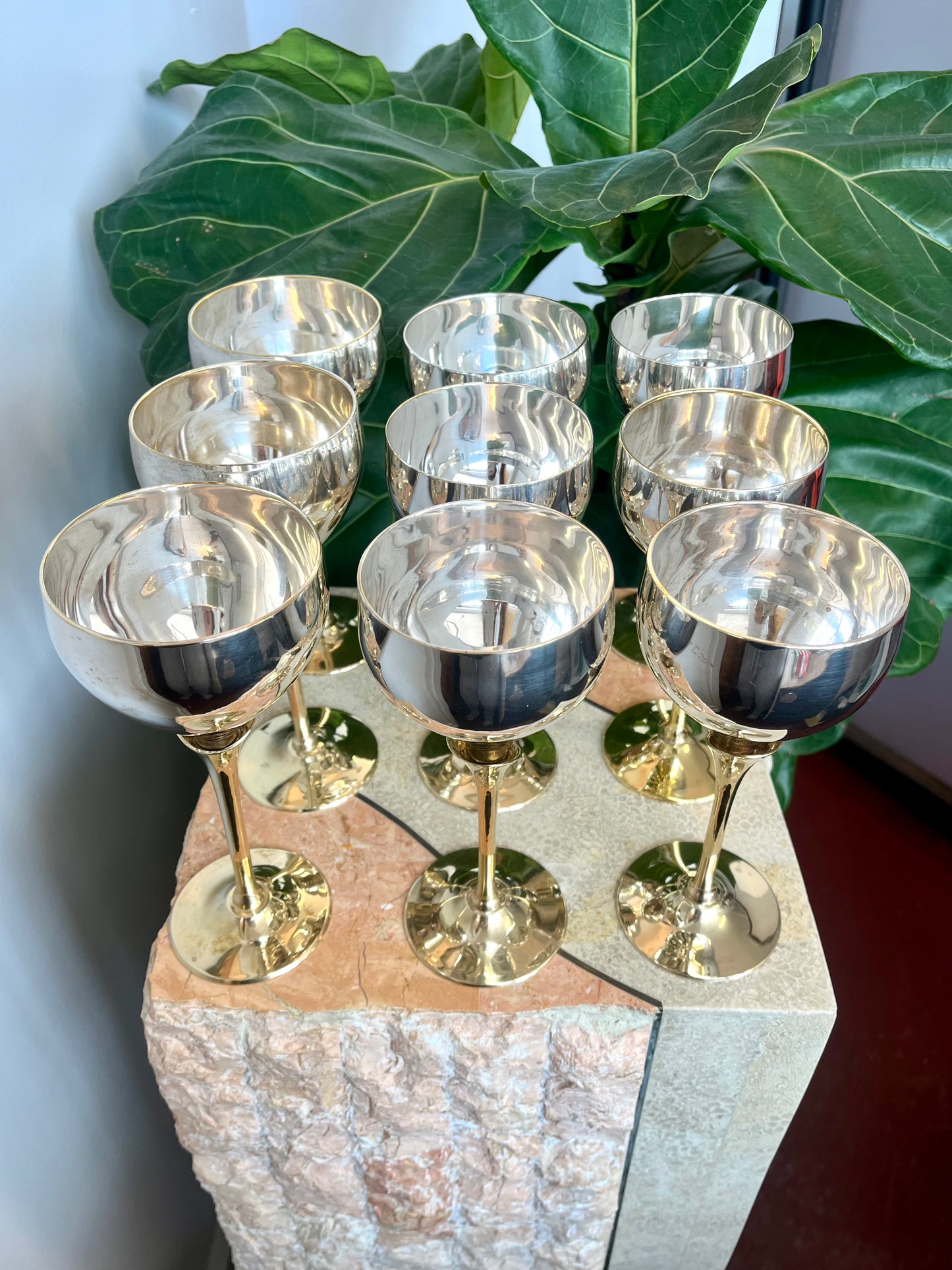 Vintage Brass and Silverplate Tulip Stem Wine Goblets