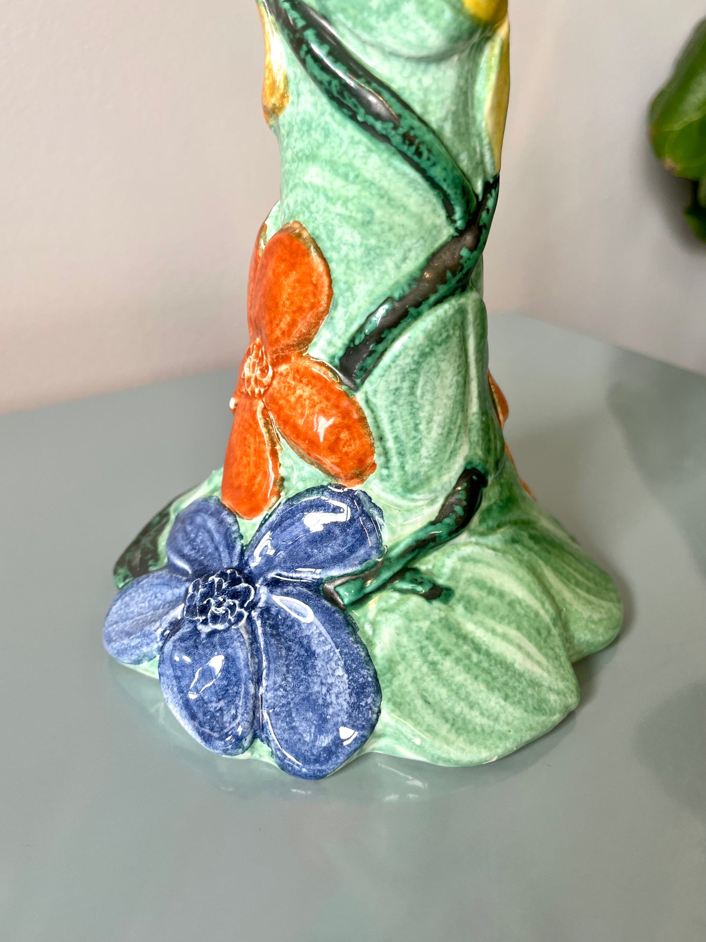 Vintage Italian Ceramic Handpainted Floral Candlestick