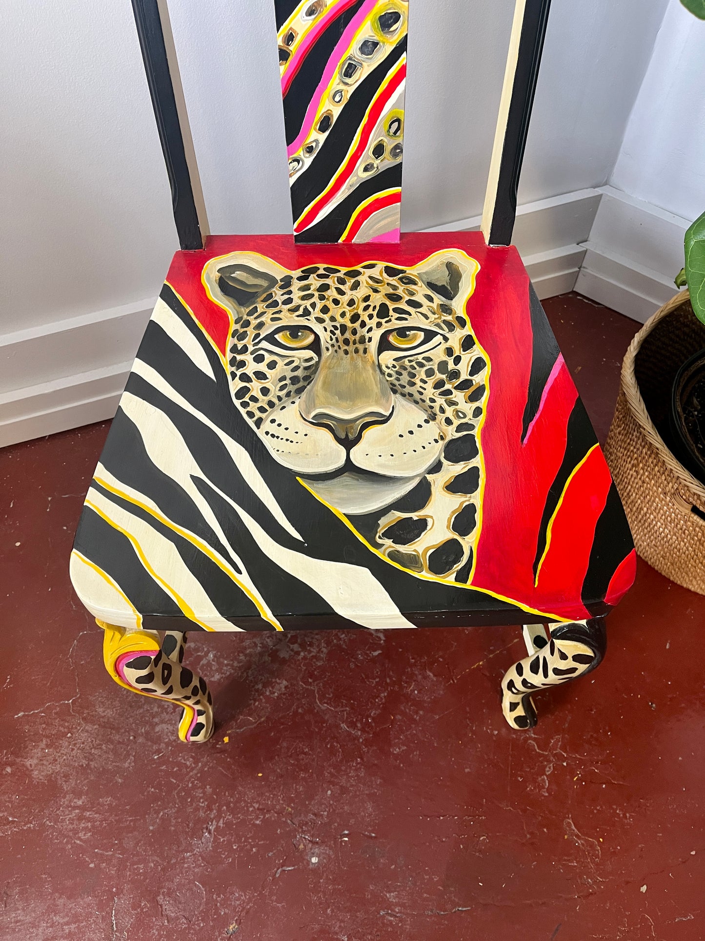 Artist-signed Handpainted Cheetah Face Wooden Chair
