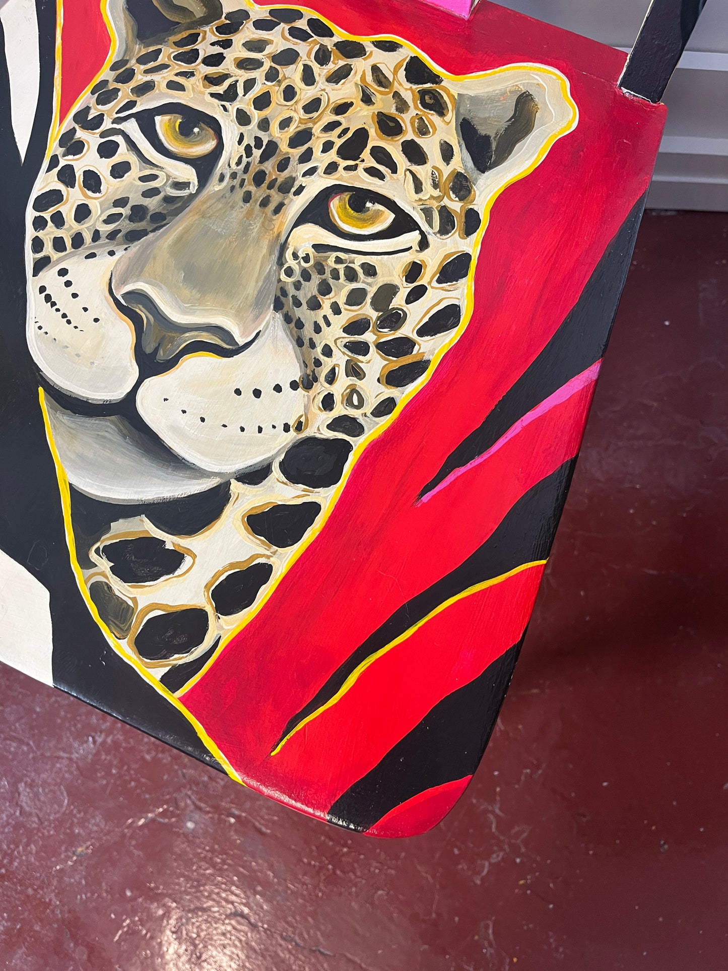 Artist-signed Handpainted Cheetah Face Wooden Chair