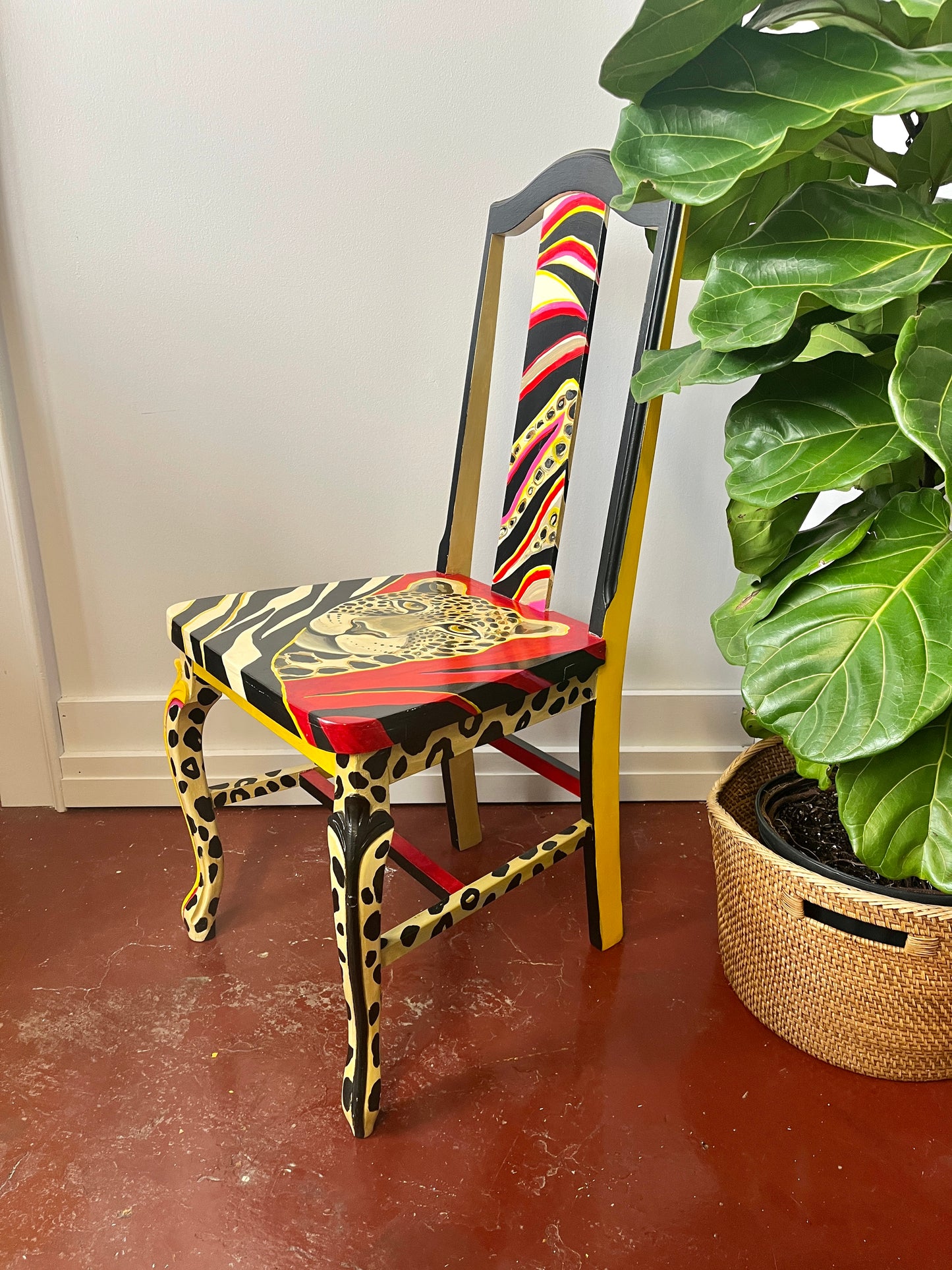 Artist-signed Handpainted Cheetah Face Wooden Chair
