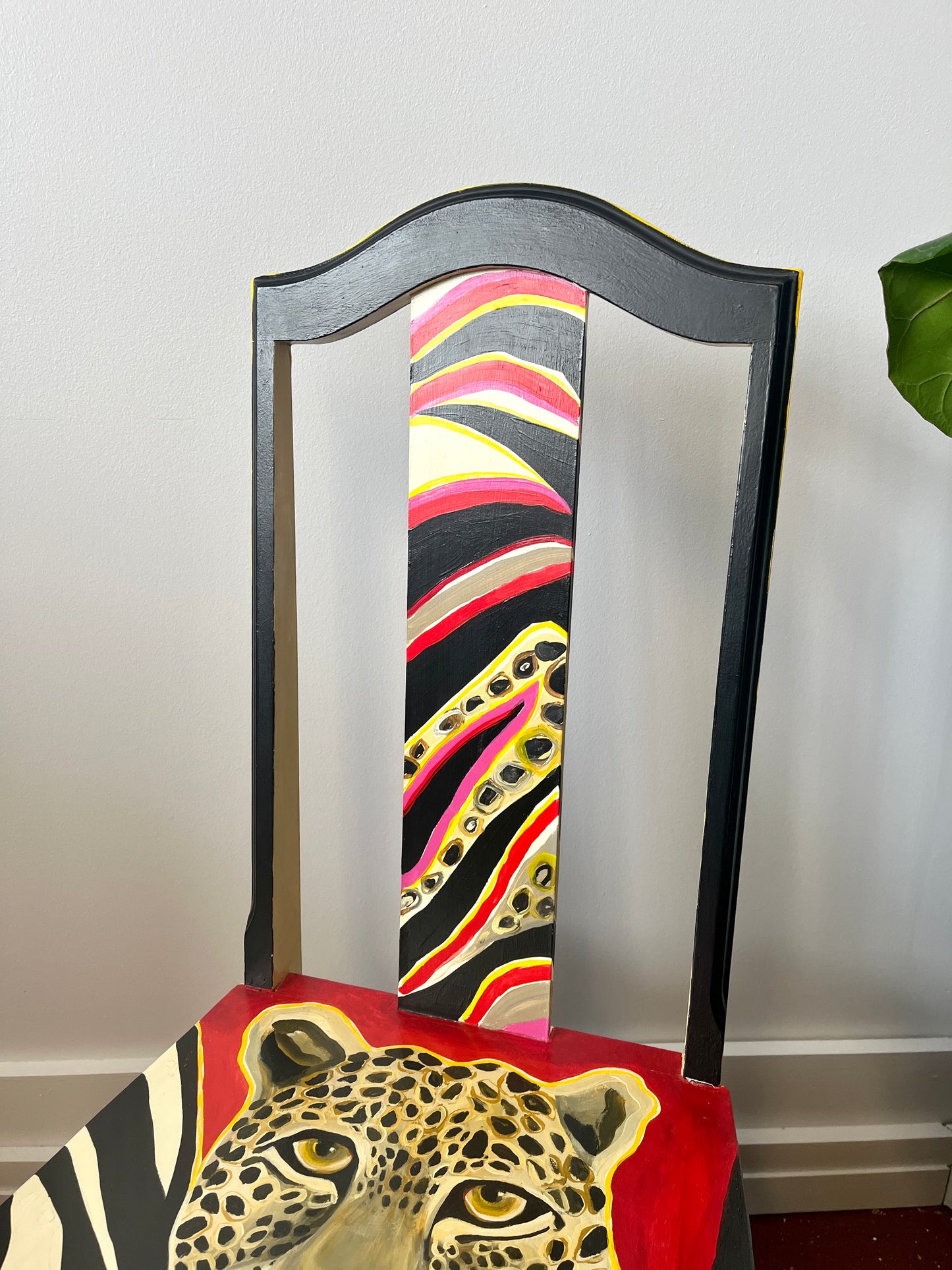 Artist-signed Handpainted Cheetah Face Wooden Chair