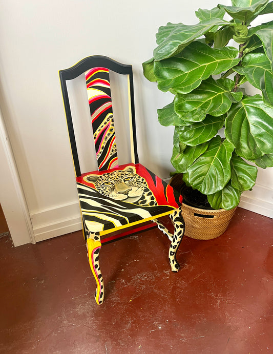 Artist-signed Handpainted Cheetah Face Wooden Chair