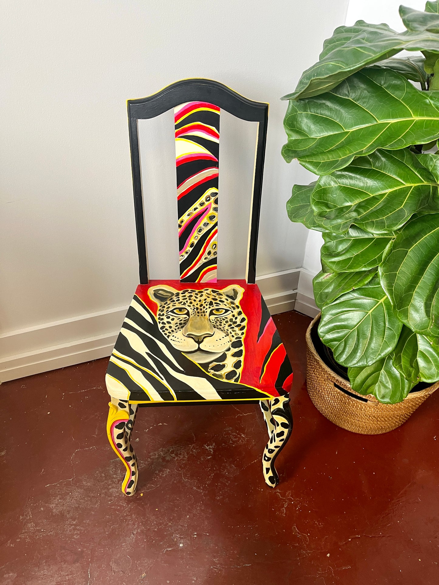 Artist-signed Handpainted Cheetah Face Wooden Chair