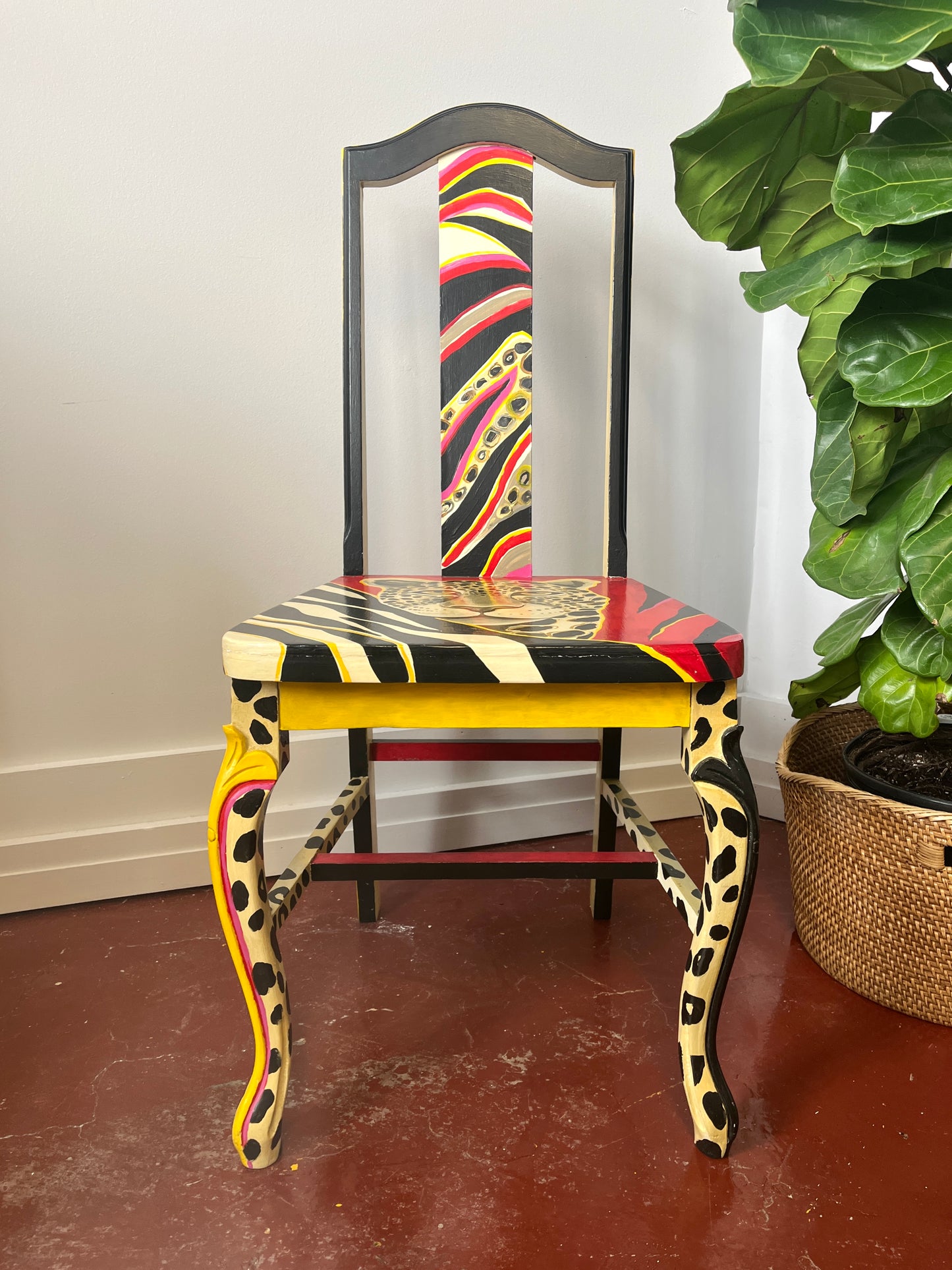 Artist-signed Handpainted Cheetah Face Wooden Chair