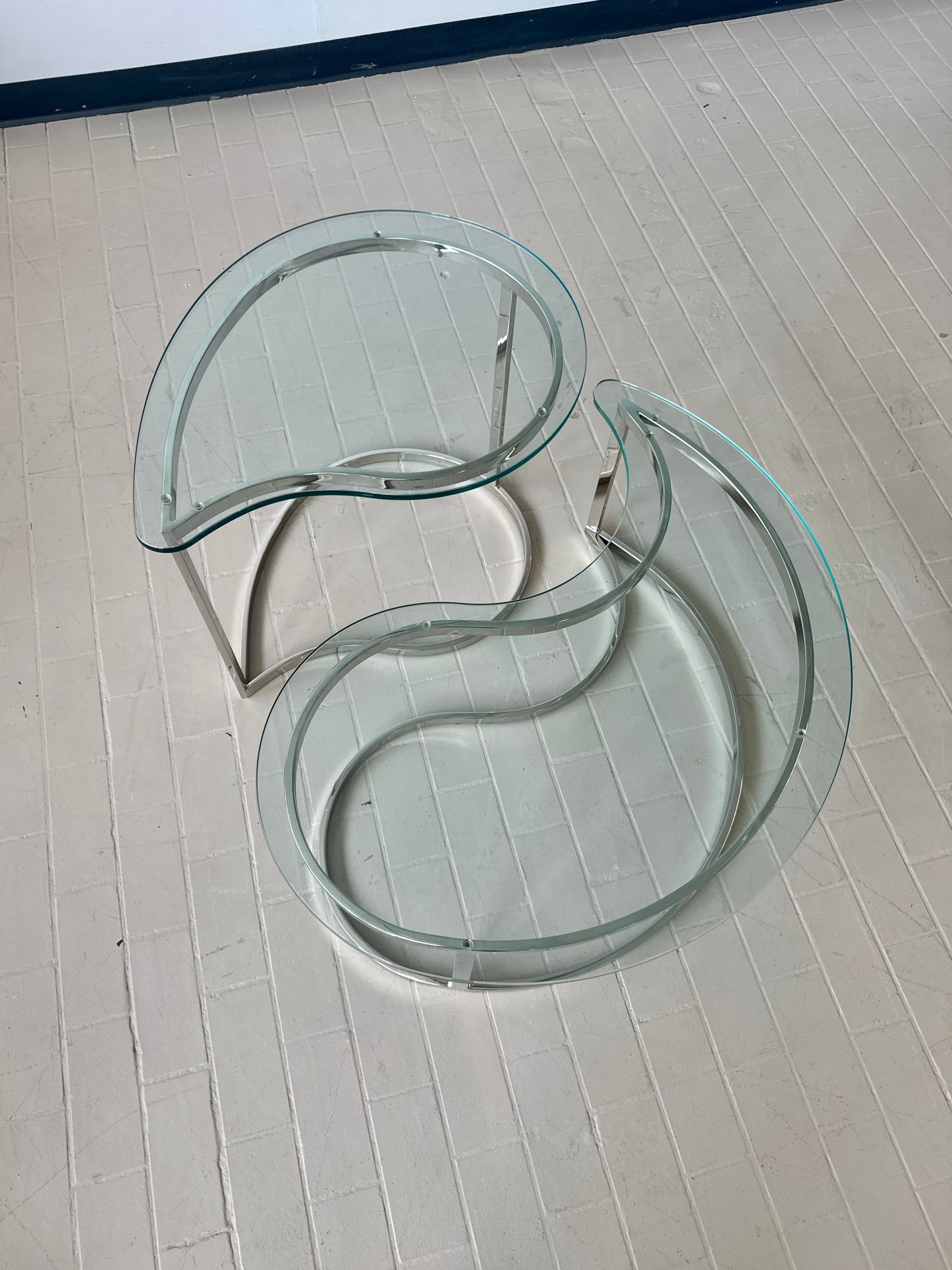 Vintage Chrome and Glass Yin Yang Table Pair