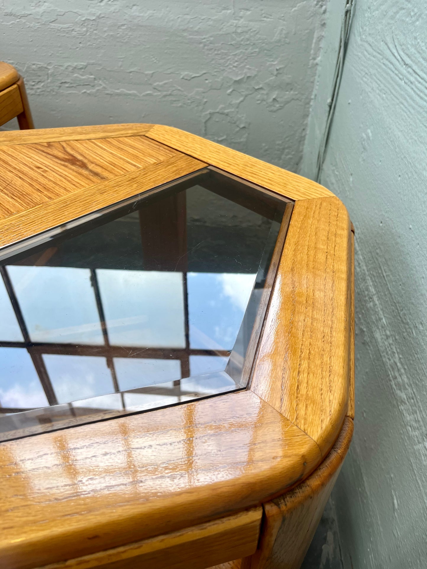 Postmodern Oak Hexagon End Table with Smoked Glass and Teak Top