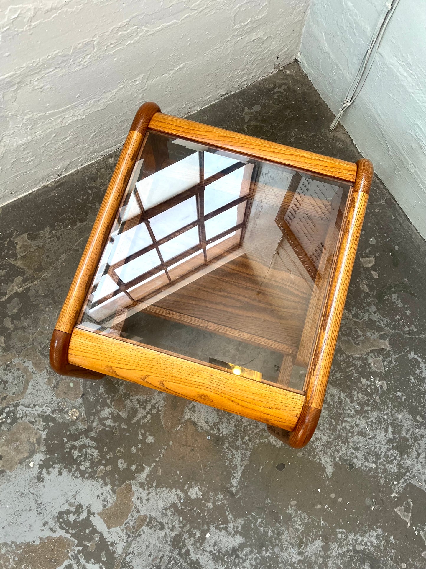 Vintage Postmodern Lou Hodges Style Oak and Smoked Glass End Table