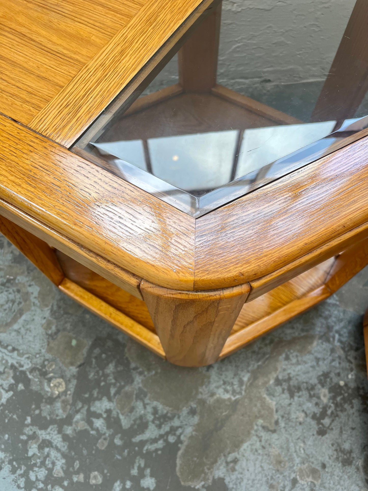 Postmodern Oak Hexagon End Table with Teak and Smoked Glass Tops