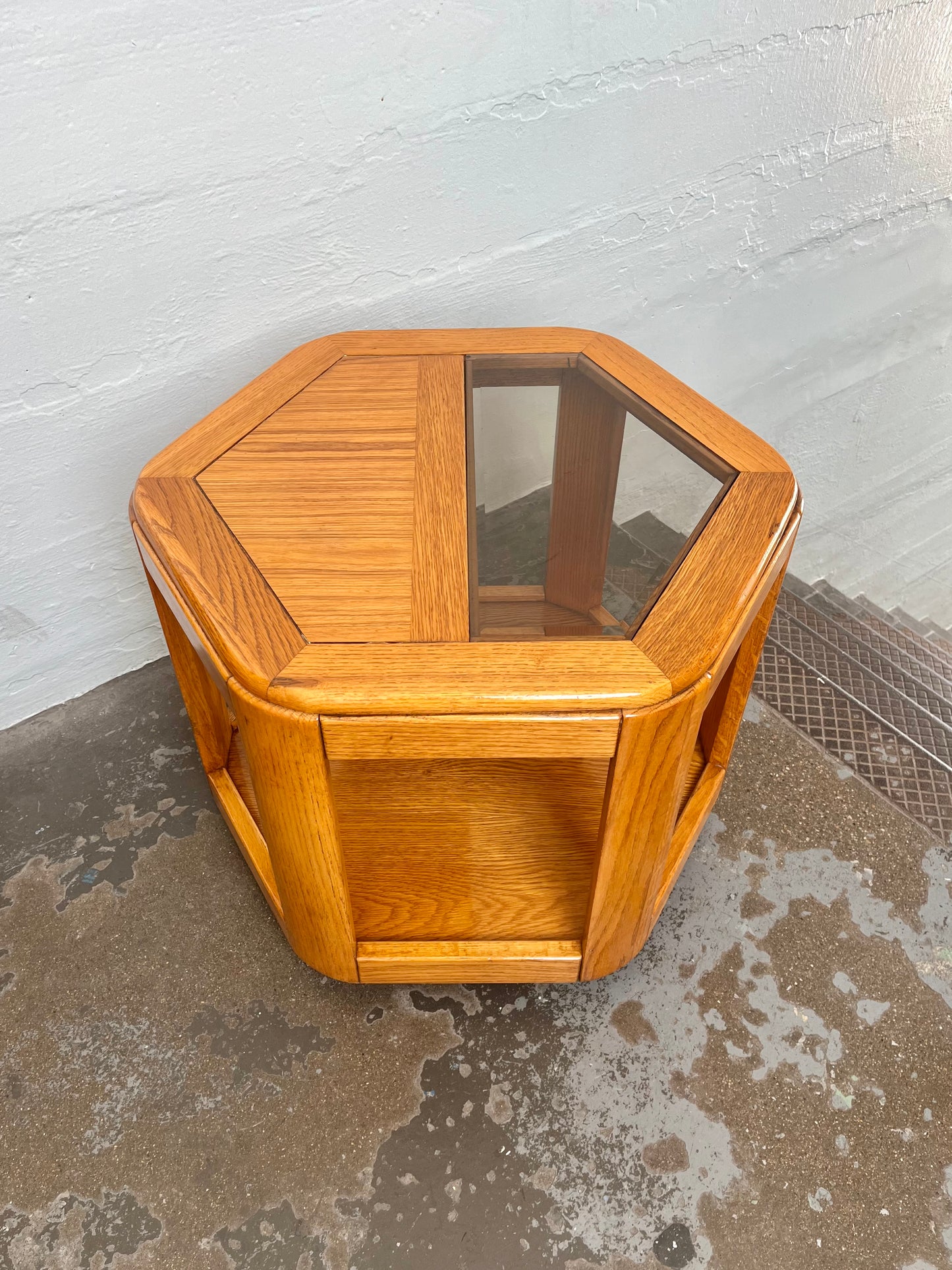 Postmodern Oak Hexagon End Table with Teak and Smoked Glass Tops