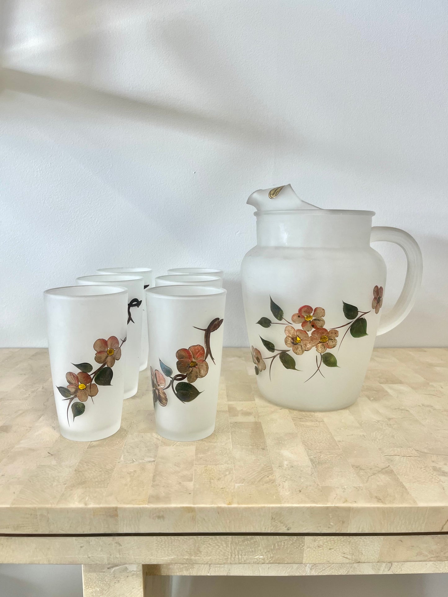 Vintage Hazel Atlas Handpainted Frosted Pitcher & Tumbler Set