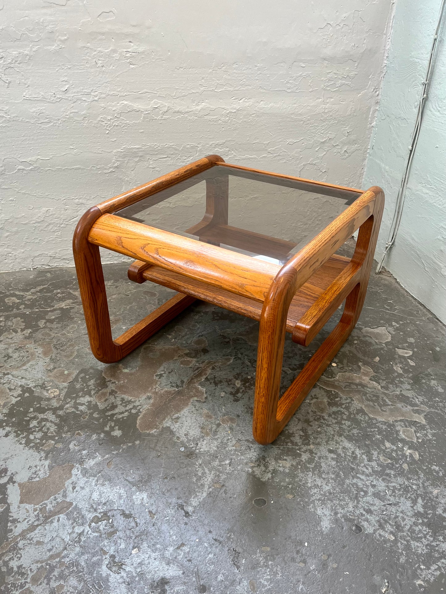 Vintage Postmodern Lou Hodges Style Oak and Smoked Glass End Table