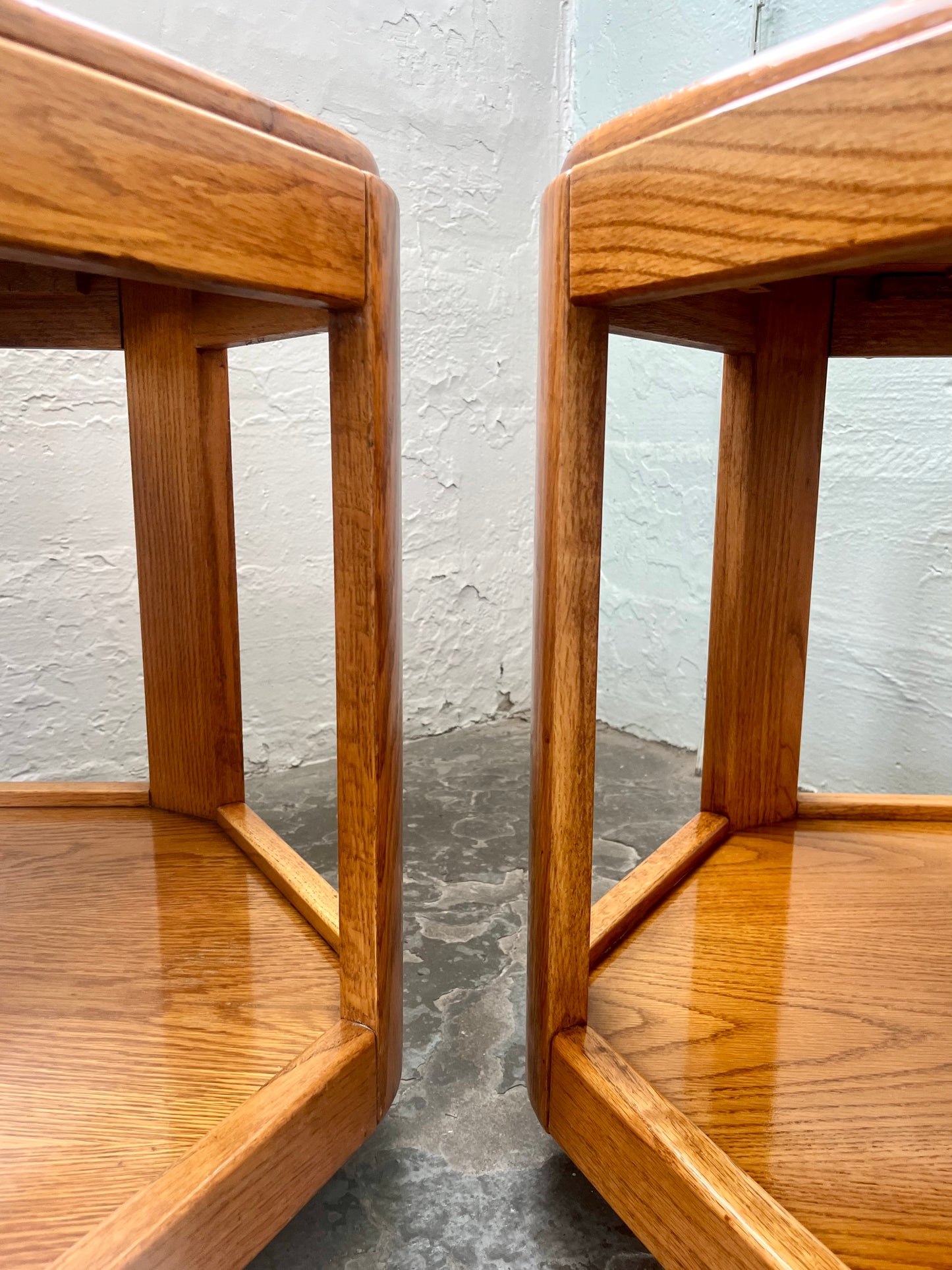 Postmodern Oak Hexagon End Table with Smoked Glass and Teak Top