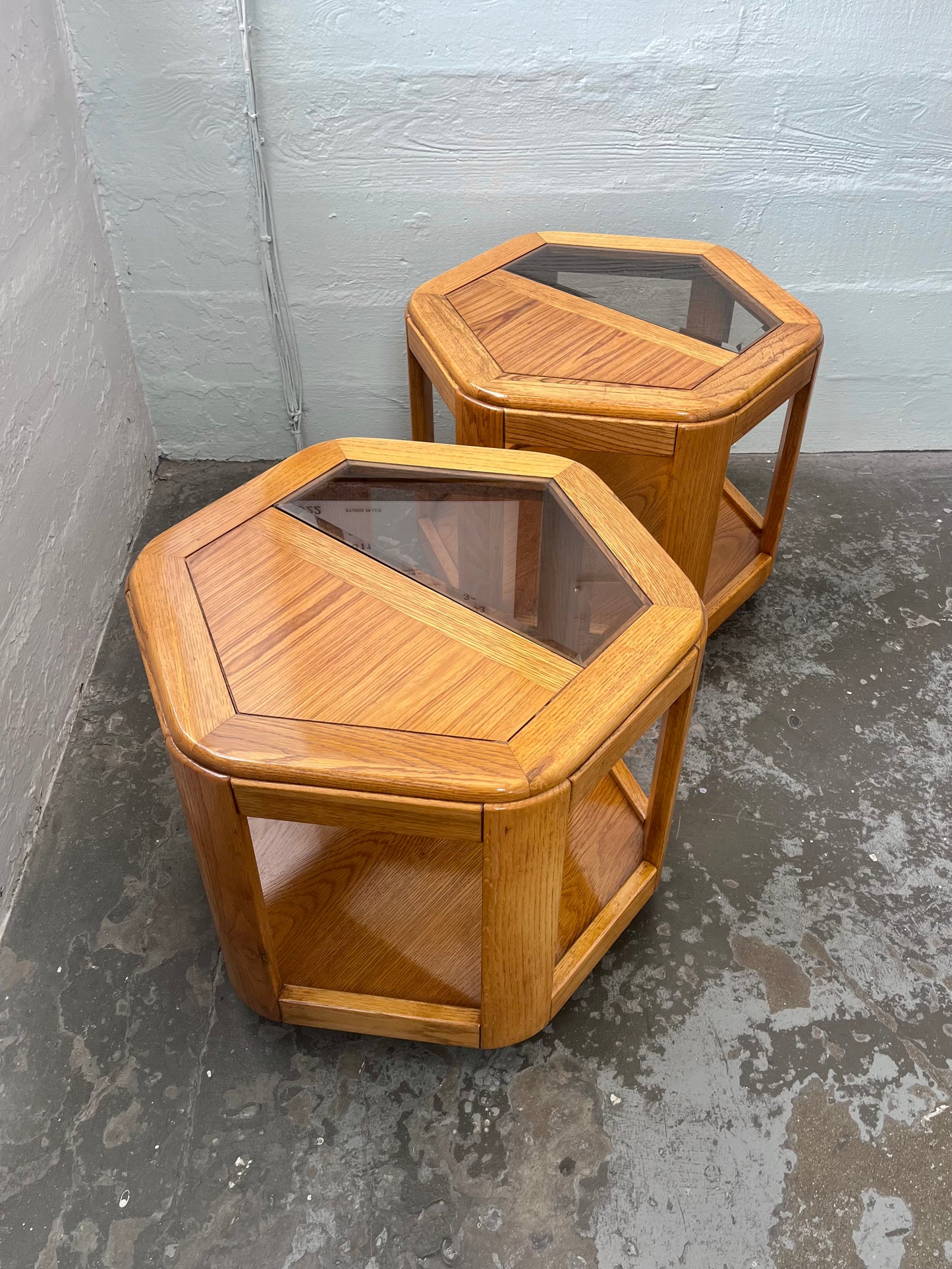 Postmodern Oak Hexagon End Table with Teak and Smoked Glass Tops