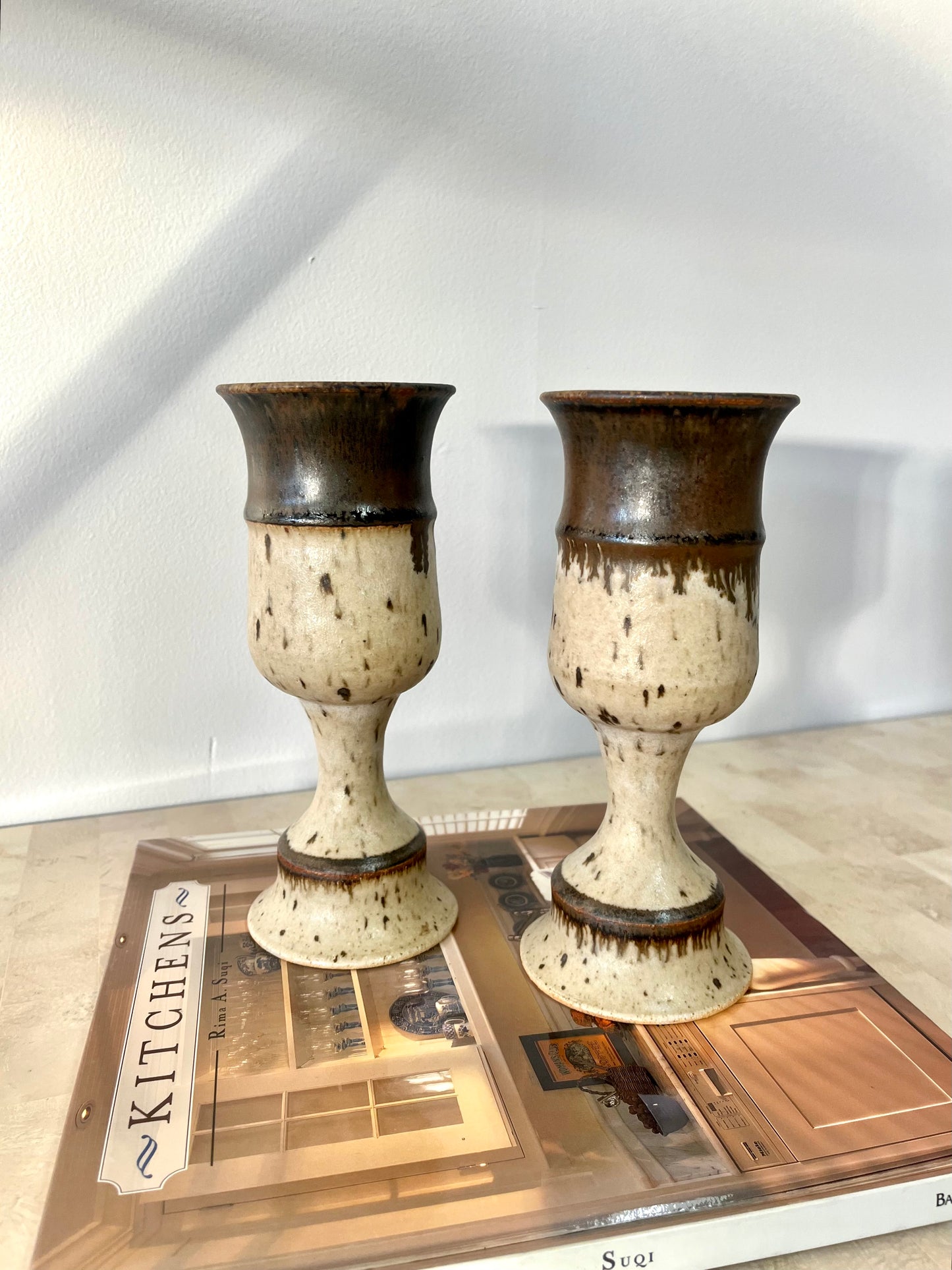Vintage Mid Century Studio Pottery Stoneware Goblet Pair