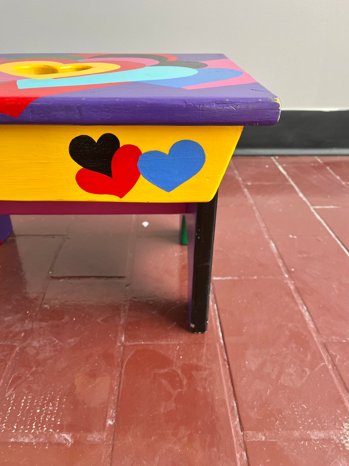 Vintage Whimsical Hearts Handpainted Wooden Stool