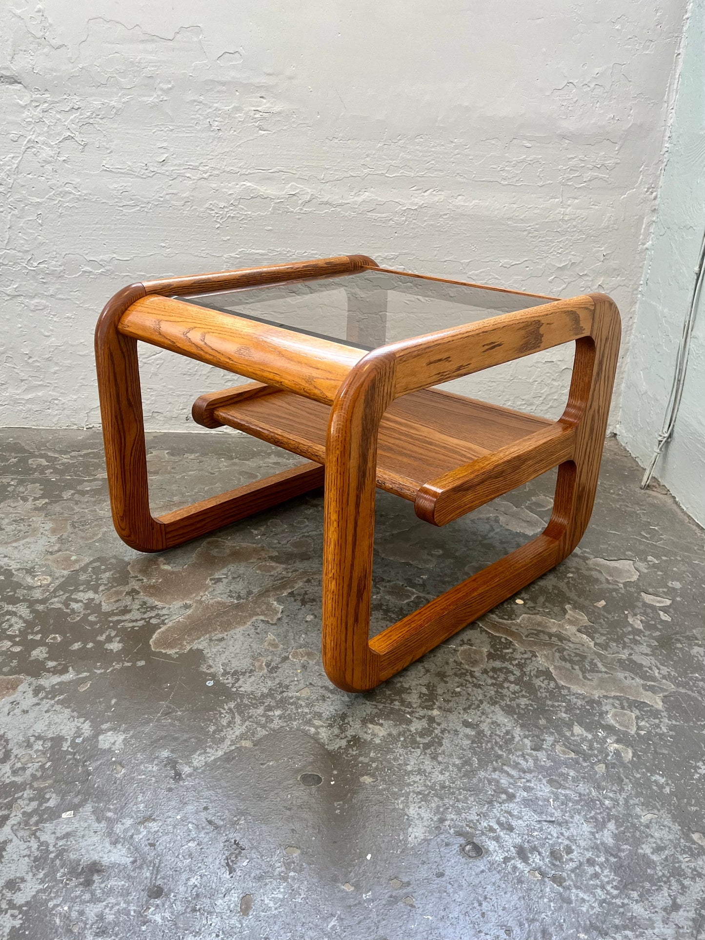 Vintage Postmodern Lou Hodges Style Oak and Smoked Glass End Table