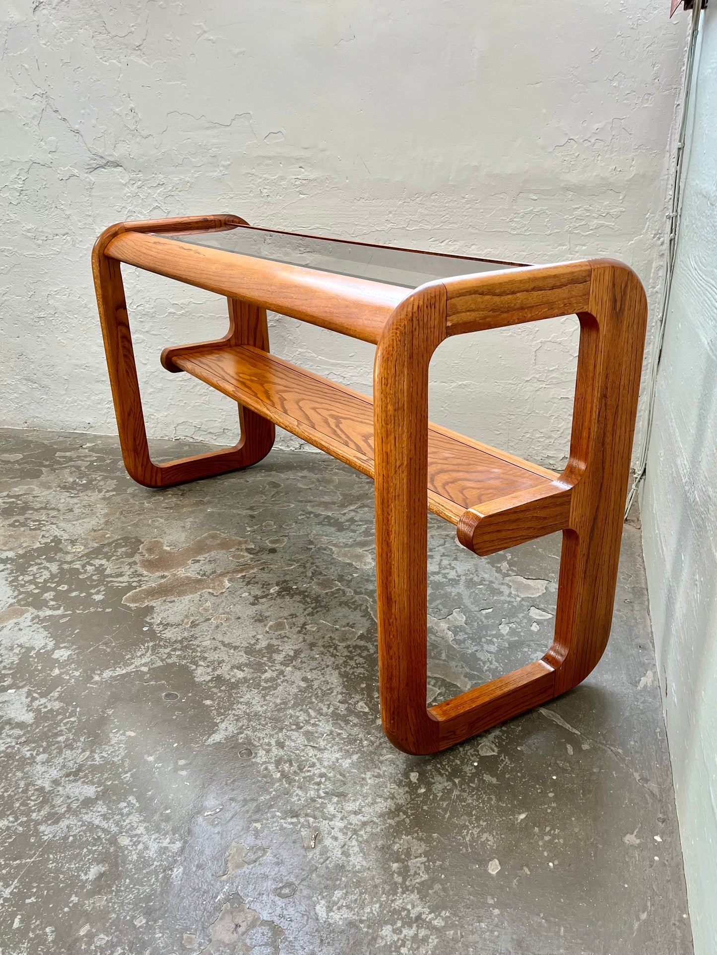 Postmodern Lou Hodges Style Oak and Smoked Glass Console Table