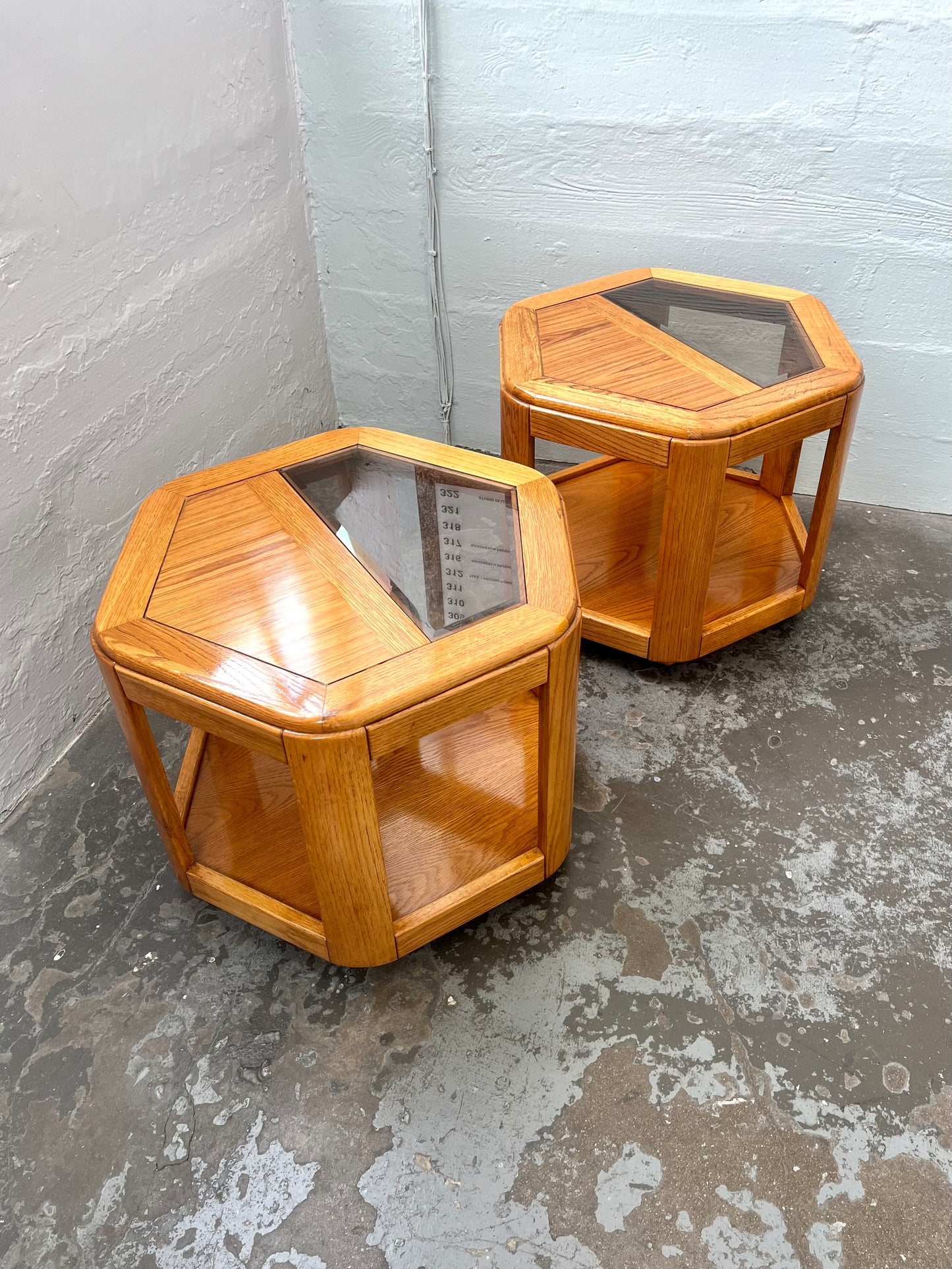 Postmodern Oak Hexagon End Table with Smoked Glass and Teak Top