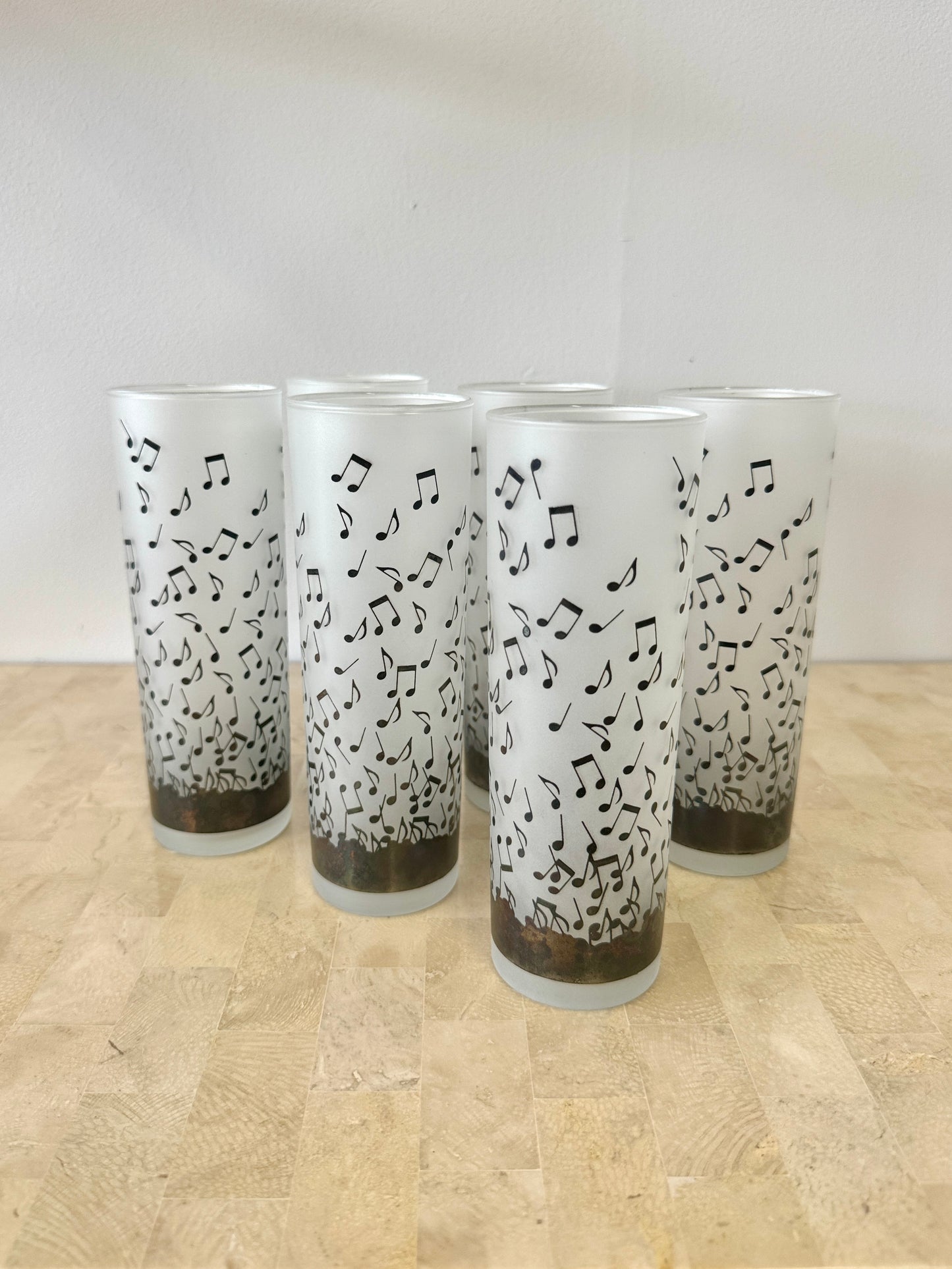 Vintage Albert Elovitz Frosted Musical Note Highball Glasses