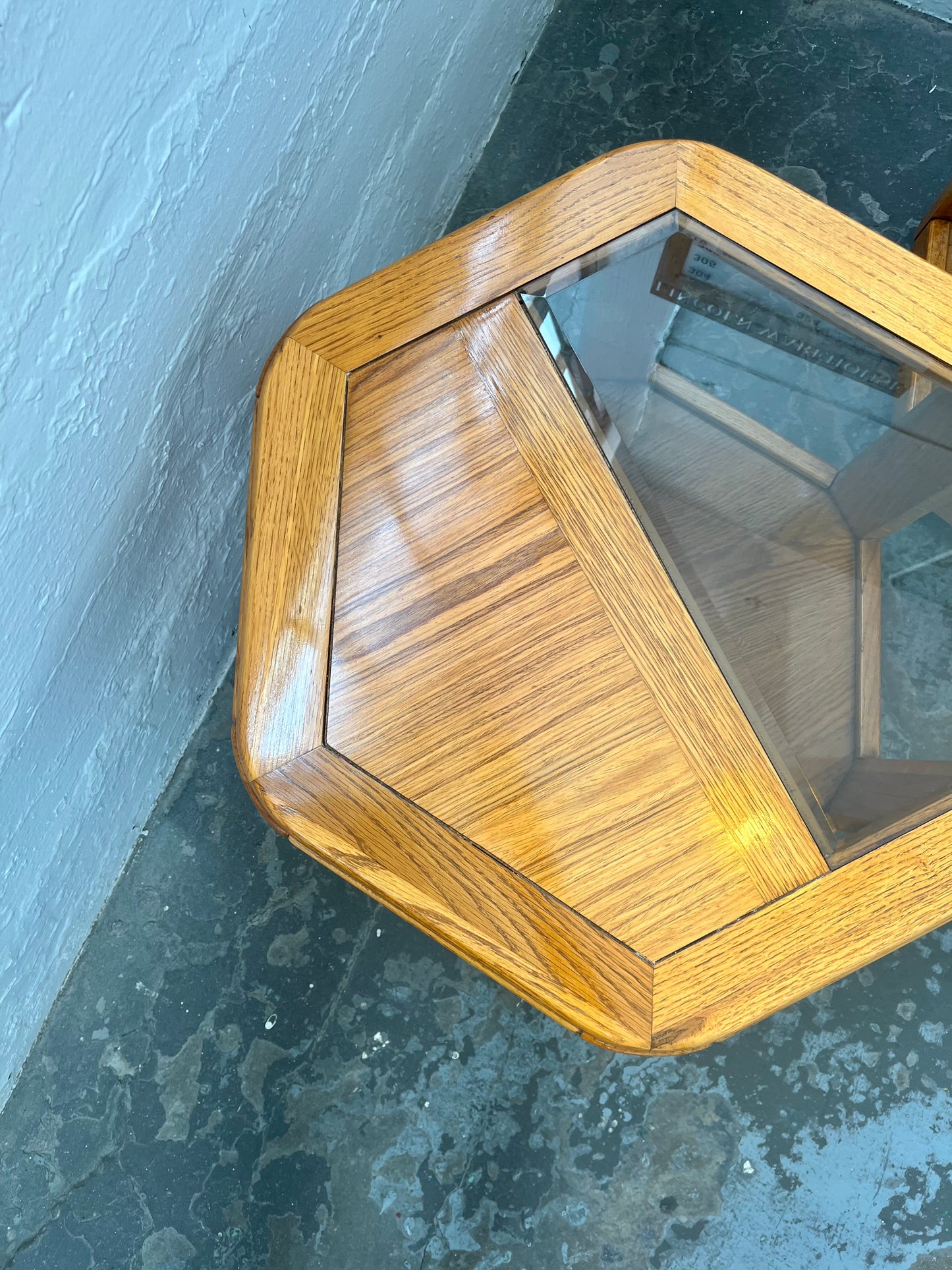 Postmodern Oak Hexagon End Table with Teak and Smoked Glass Tops