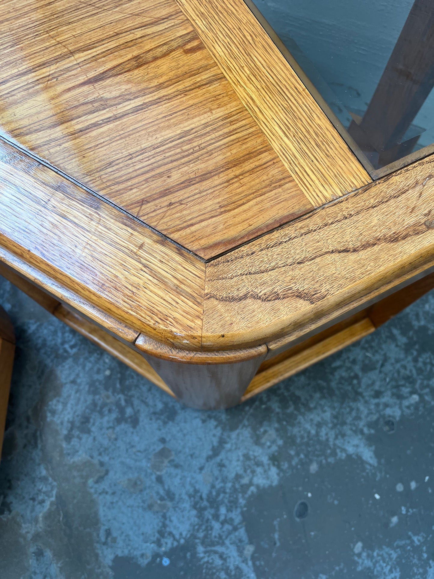 Postmodern Oak Hexagon End Table with Smoked Glass and Teak Top